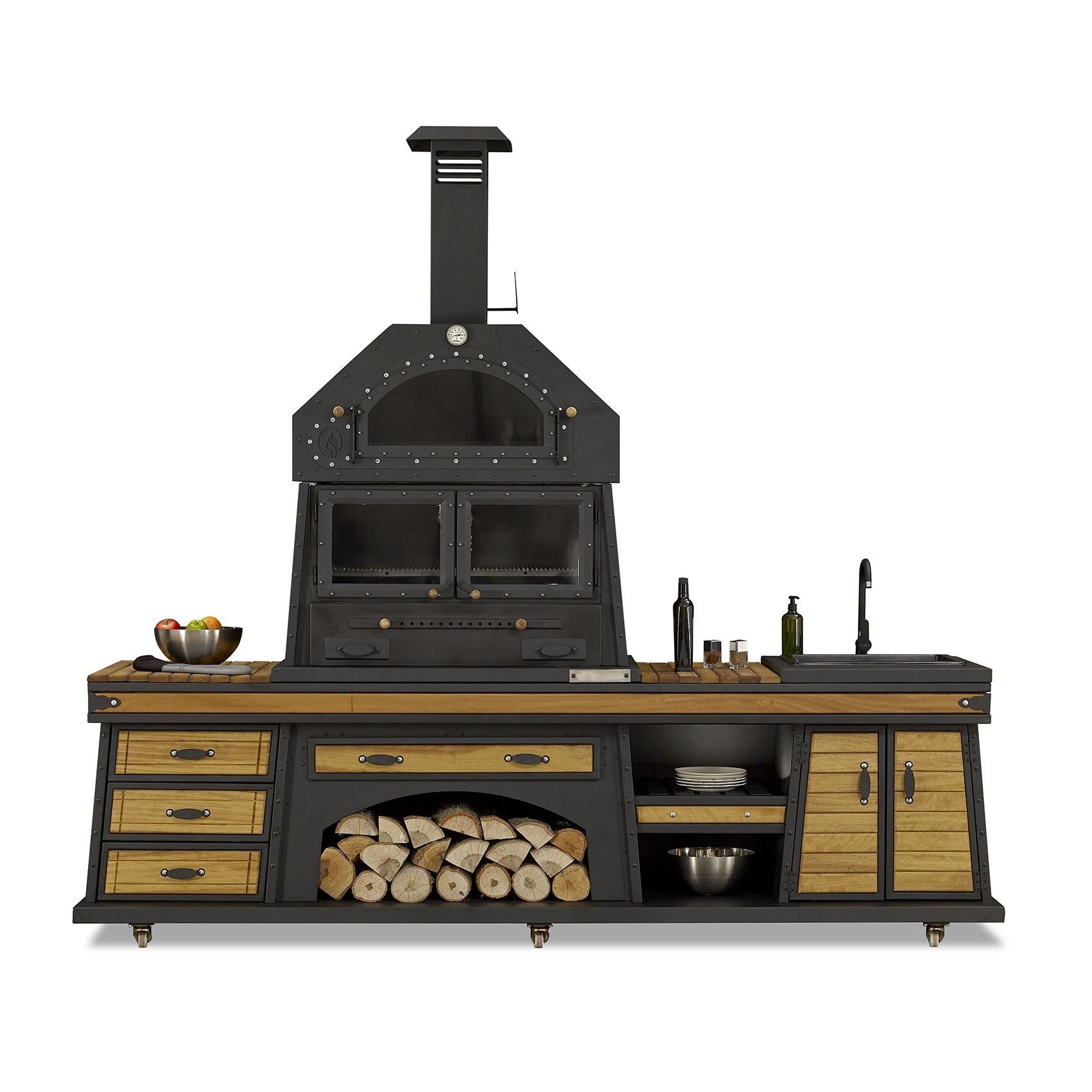 JVmoebel Outdoor-Küche Moderne Außenküche in Schwarz aus Holz und Edelstahl, Made in Europe