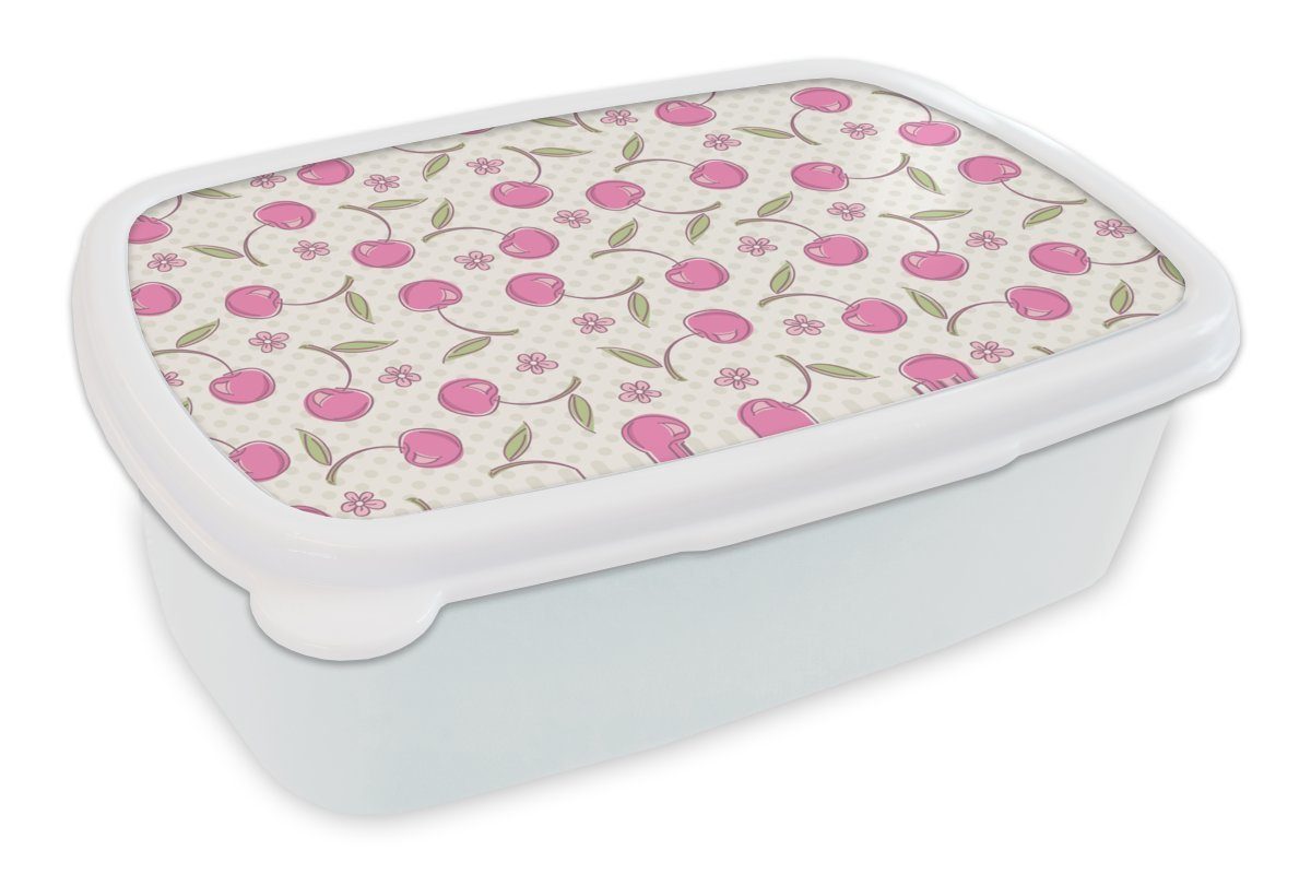 MuchoWow Lunchbox Kirschen - Blumen - Tupfen - Muster, Kunststoff, (2-tlg), Brotbox für Kinder und Erwachsene, Brotdose, für Jungs und Mädchen weiß