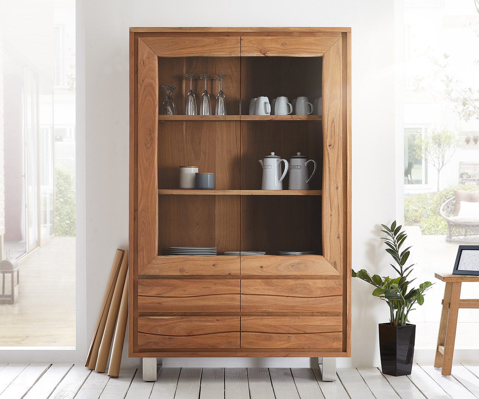 DELIFE Vitrine Live-Edge Akazie Natur 120x190 cm 2 Türen 4 Schubladen gerade Kante