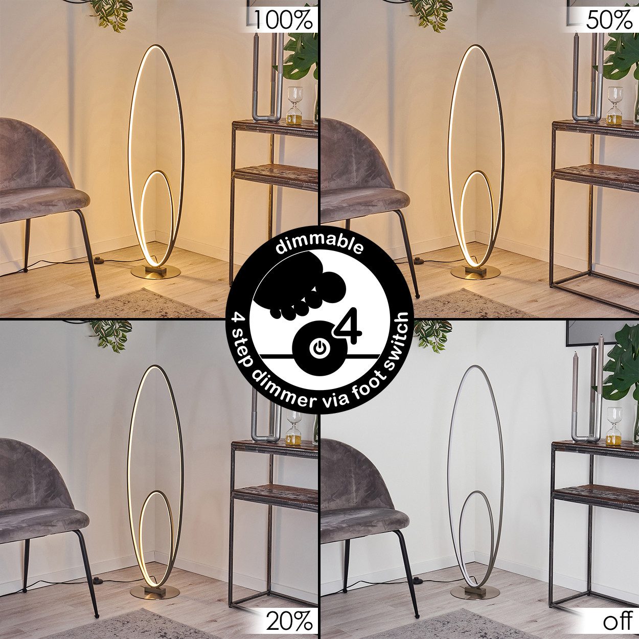 hofstein Stehlampe »Arce« dimmbare Stehleuchte in Grau/Weiß, 3000 Kelvin, mit 2 Ringen, max. 3700 Lumen, dimmbar über Fußschalter