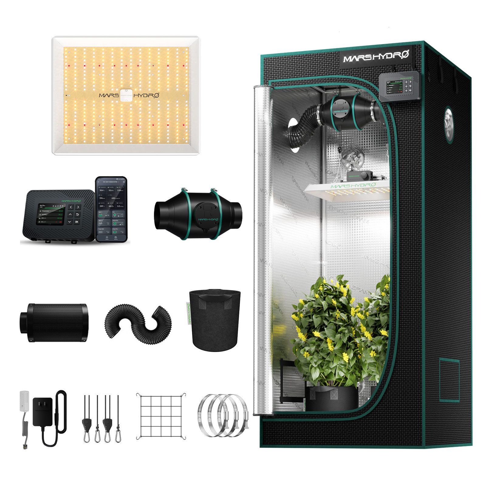 Mars Hydro Gewächshaus Mars Hydro Growbox Komplettset Smart, BxTxH: 80 x 80 x 160 cm, BxLxH: 80 x 80 x 160 cm, Komplettset mit 150W TS1000 LED und 10 cm Abluftsystem
