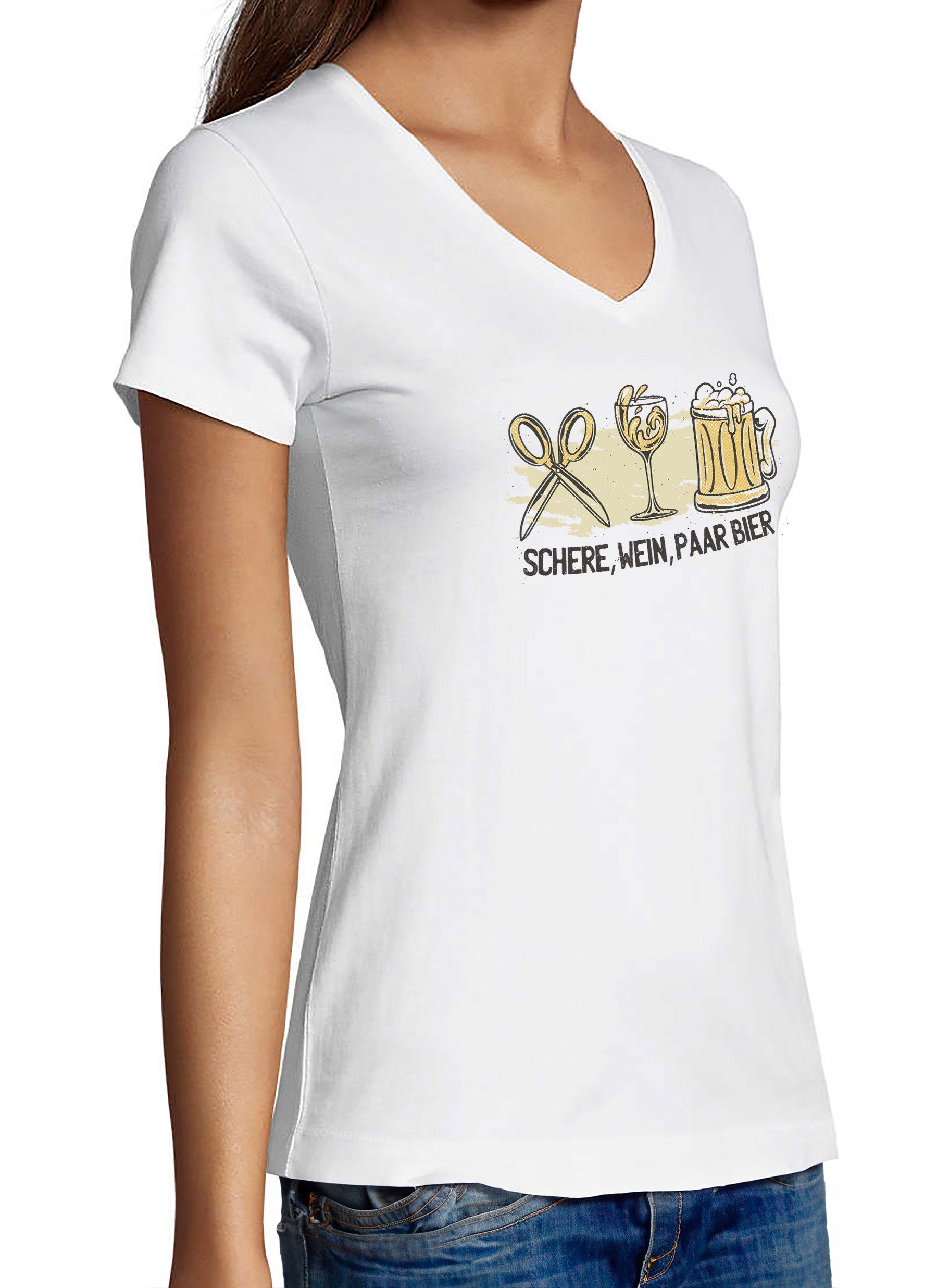 MyDesign24 T-Shirt Damen Party T-Shirt - Party T-Shirt Schere, Wein, Paar Bier V-Ausschnitt Print Shirt Slim Fit i321