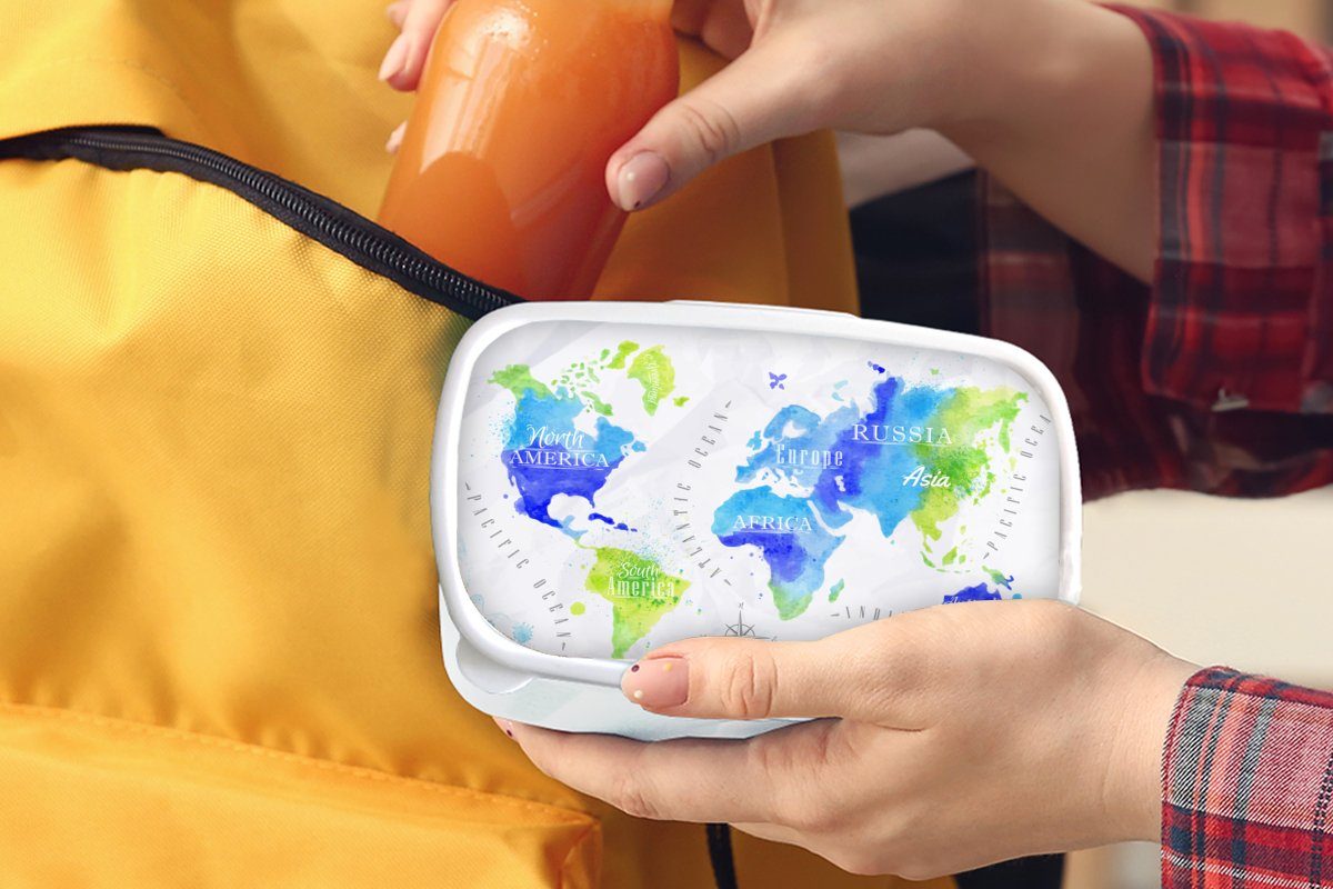 Blau, Brotbox Kunststoff, Lunchbox weiß Erwachsene, Weltkarte - Grün Kinder für - - MuchoWow Aquarell für Brotdose, und Jungs und Mädchen (2-tlg),