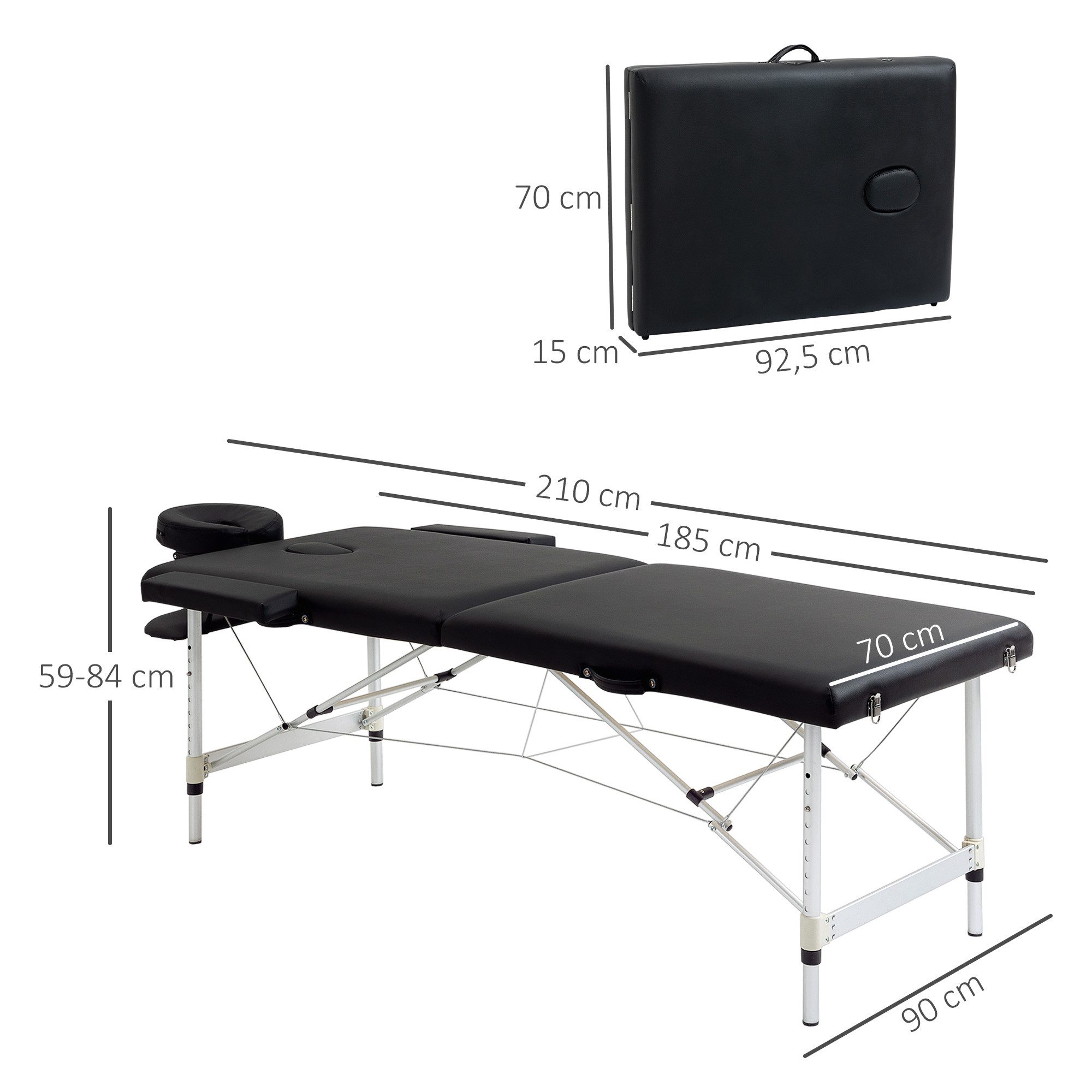 HOMCOM Massageliege Massagebett mit Kopfstütze, Armlehnen, 90cm Breit, bis 225kg belastbar (2 Zonen klappbarer Massagetisch, 1-St., höhenverstellbare Massagebank), 90cm Breit bis 225 kg belastbar, Schwarz