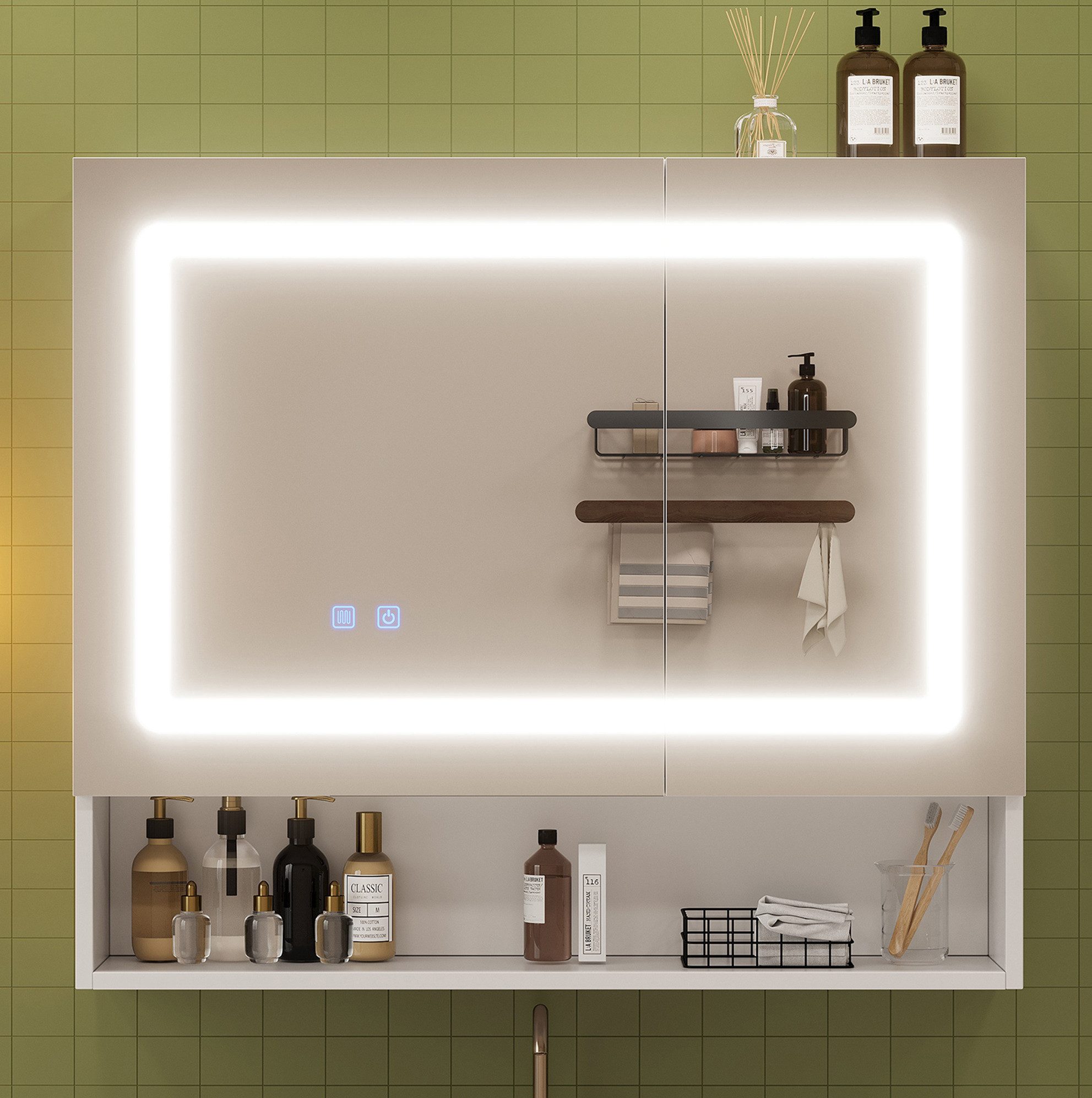 REDOM Spiegelschrank Badezimmer-Spiegelschrank (mit Doppeltür, LED-Beleuchtung, Ein-Knopf-Entfeuchtung und Soft-Close-Funktion in Weiß, 1-St., 80*17*70cm)