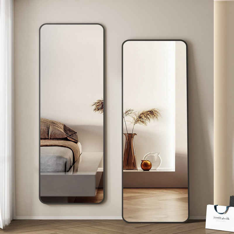 WDWRITTI Ganzkörperspiegel 150x50 rechteckig Standspiegel Wandspiegel groß Schwarz (Flurspiegel modern, 5mm HD Spiegel, mit Metall Alu Rahmen), 4 Installationsmethoden