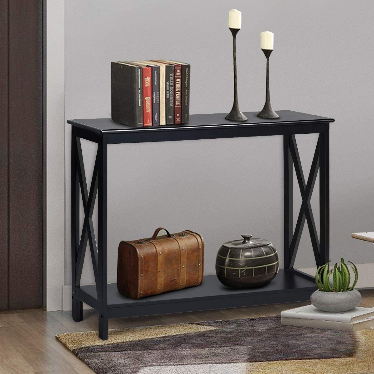 COSTWAY Konsolentisch, 2 Ebene mit Ablage, X-förmig, aus Holz, 100x30x80cm günstig online kaufen