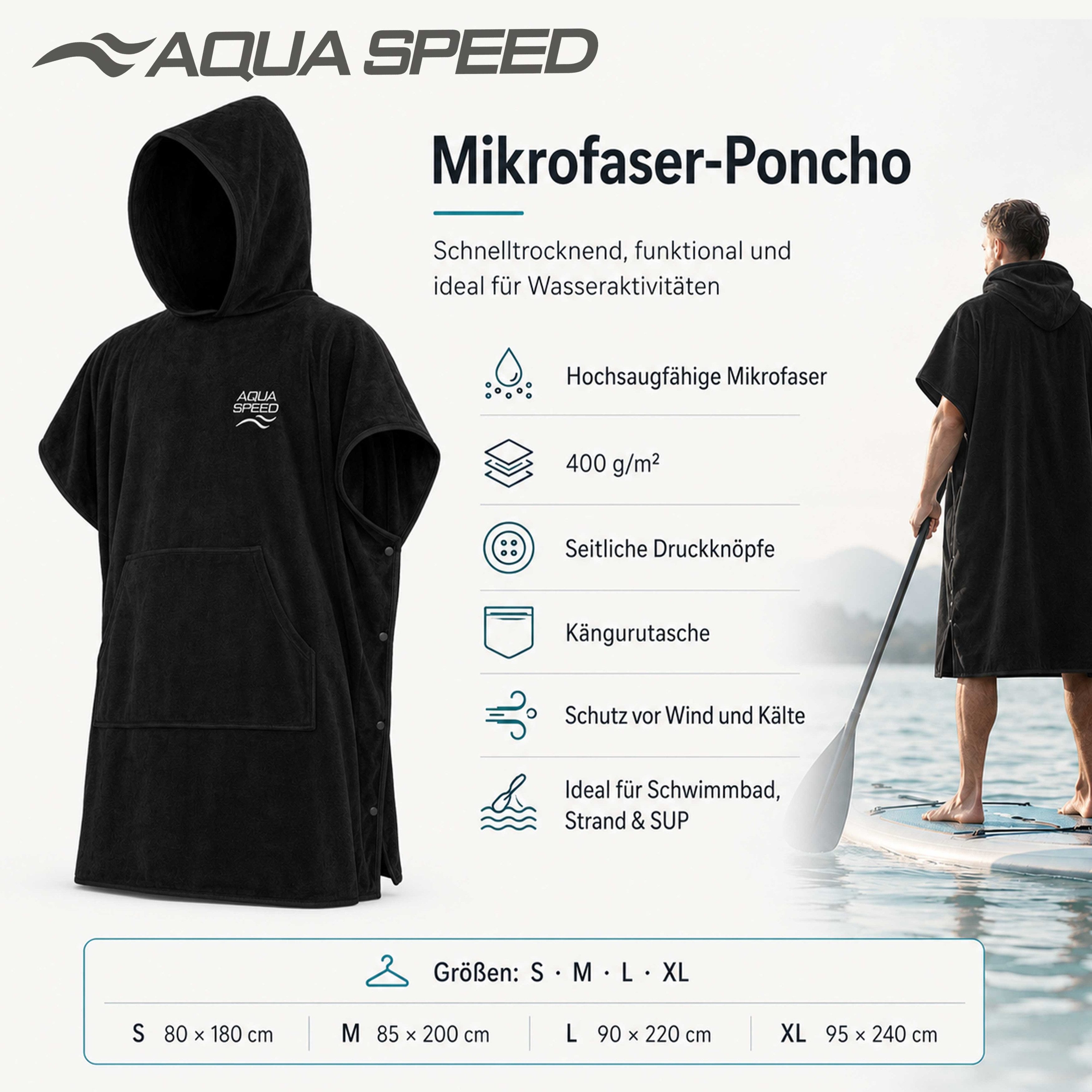 Aqua Speed Kapuzenhandtuch Bequemer Umziehponcho für entspannte Momente nach dem Schwimmen, (Größe L 90 x 220 cm – Grammatur 400 g/m), Spürbar angenehmes Tragegefühl für entspannte Pausen nach dem Wasser