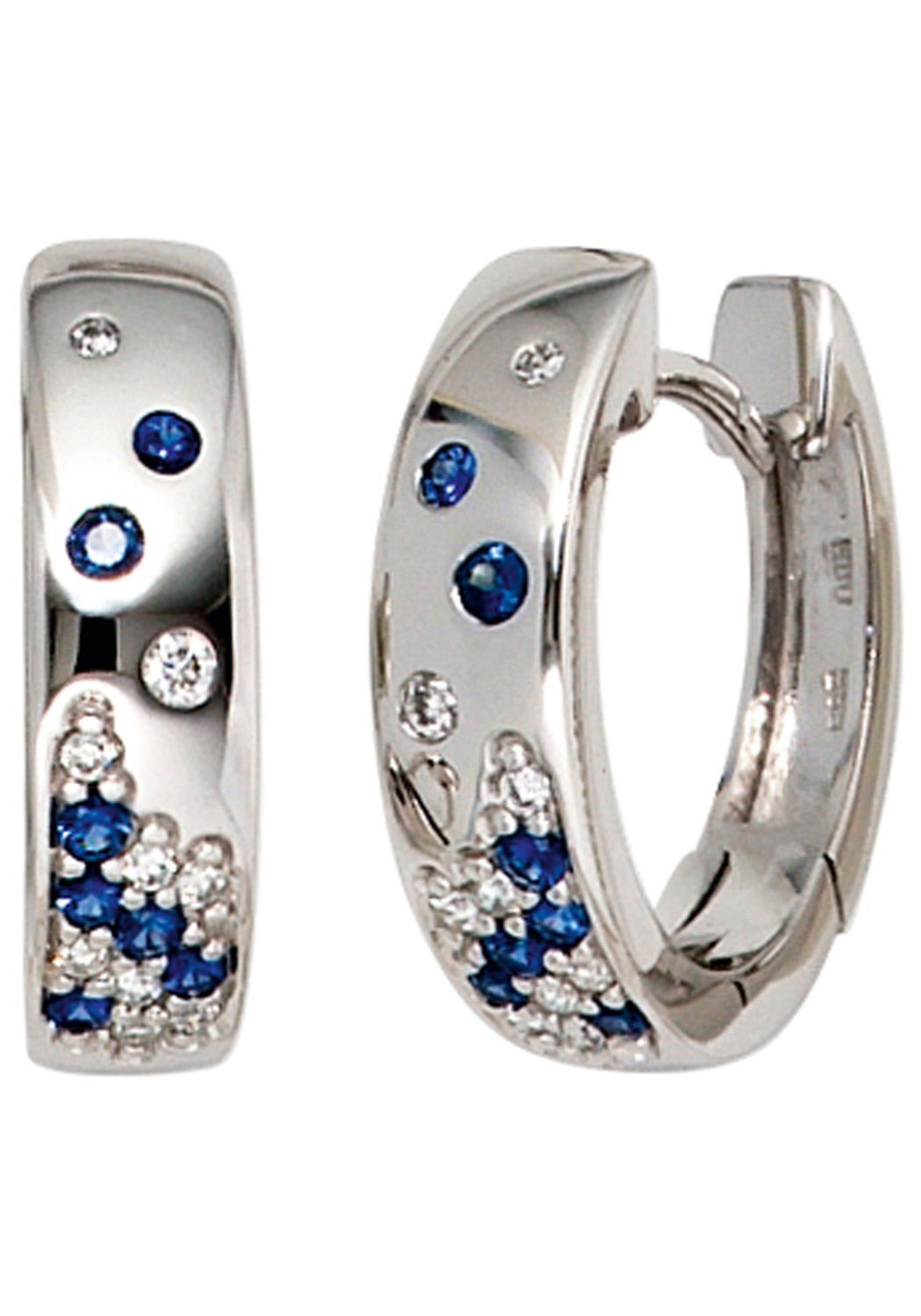 JOBO Paar Creolen, 585 Weißgold mit 18 Diamanten und Safir