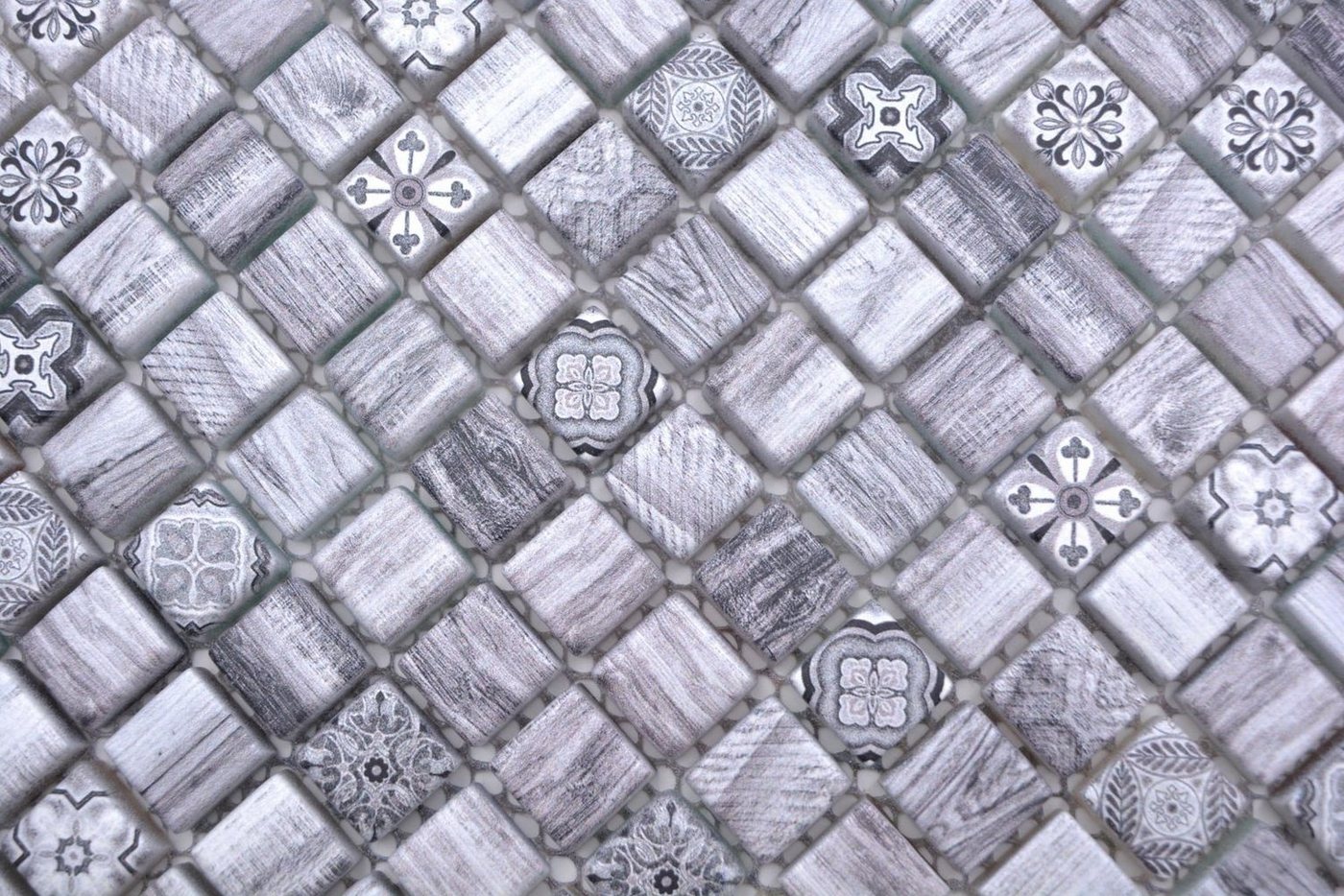 Thumbnail - Mosani Mosaikfliesen Glasmosaik Mosaikfliese Retro Holz Optik grau Ornament