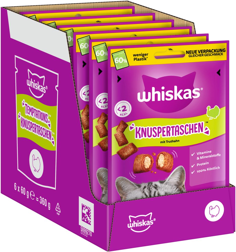 Whiskas WHISKAS® KNUSPERTASCHEN™ mit Truthahn 6 x 60g, Snack für: Katze