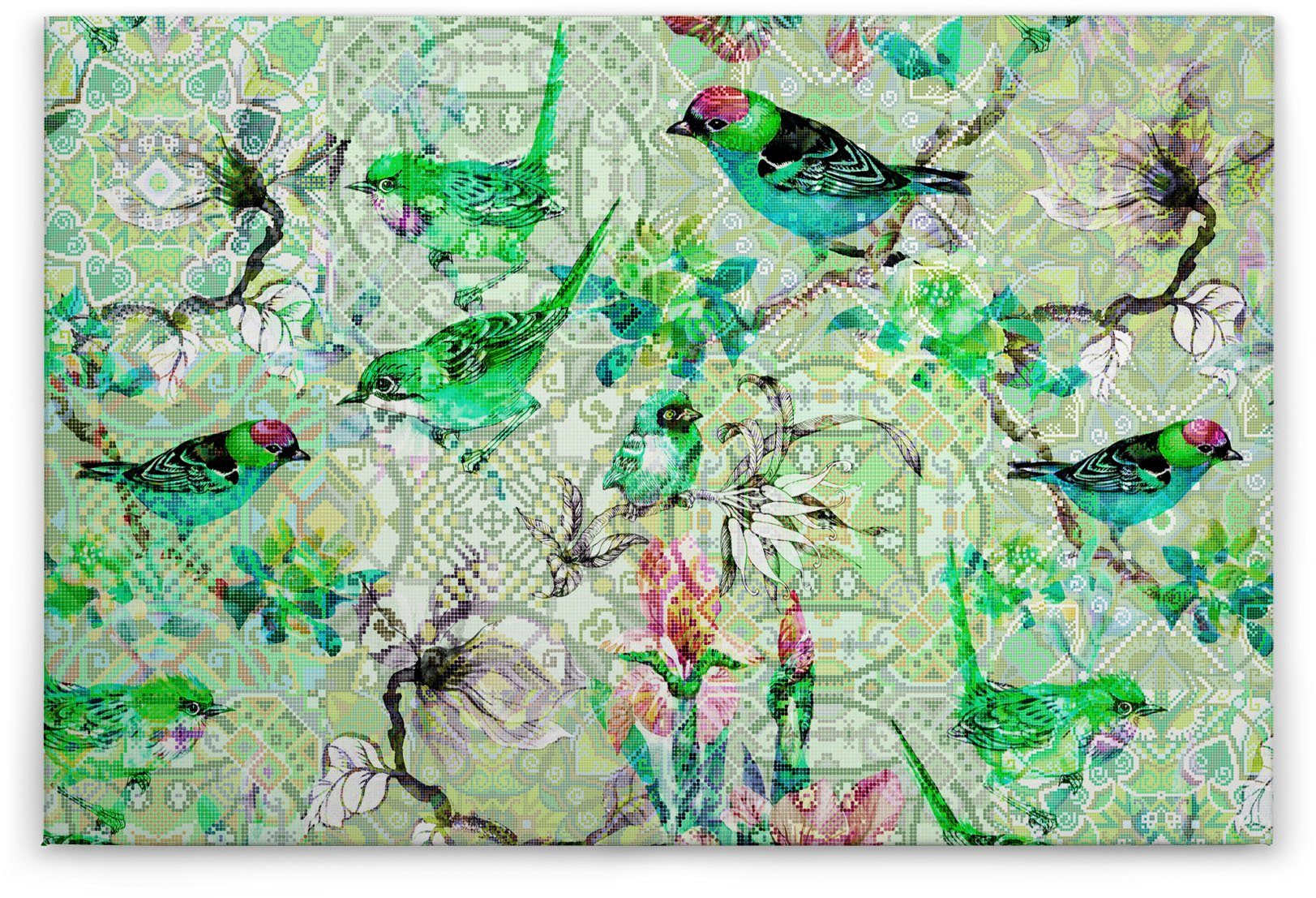 grau, Mosaik grün, (1 Leinwandbild Keilrahmen Blumen Vögel Bild mosaic A.S. Floral Création St), rosa birds, Vögel