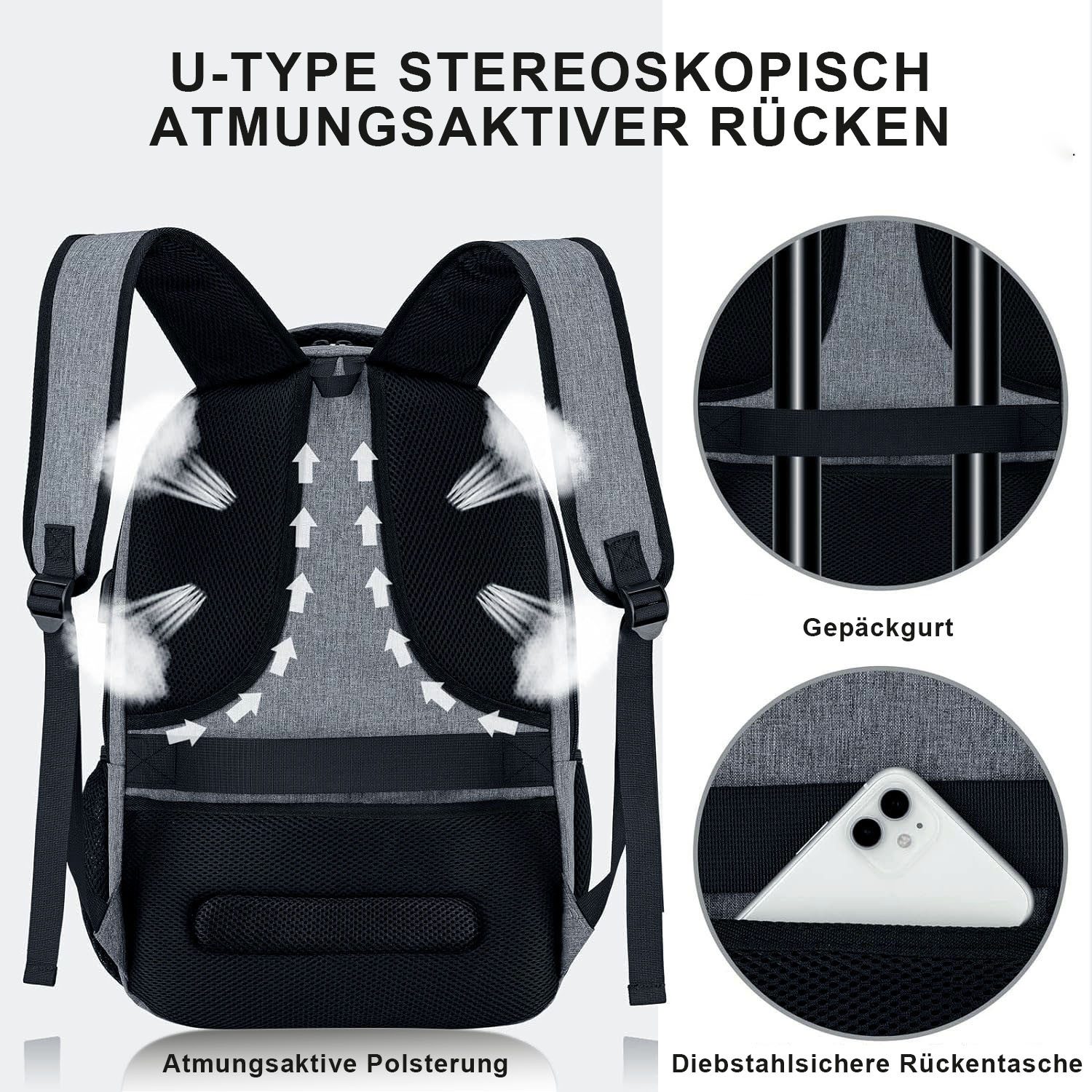 OKWISH Laptoprucksack Rucksäcke Schulrucksack Business Rucksack Freizeitrucksack (Notebook Tasche Uni Rucksack, 1-tlg., Anti-Diebstahl, Backpack mit Laptopfach, – Bild 4 von 5