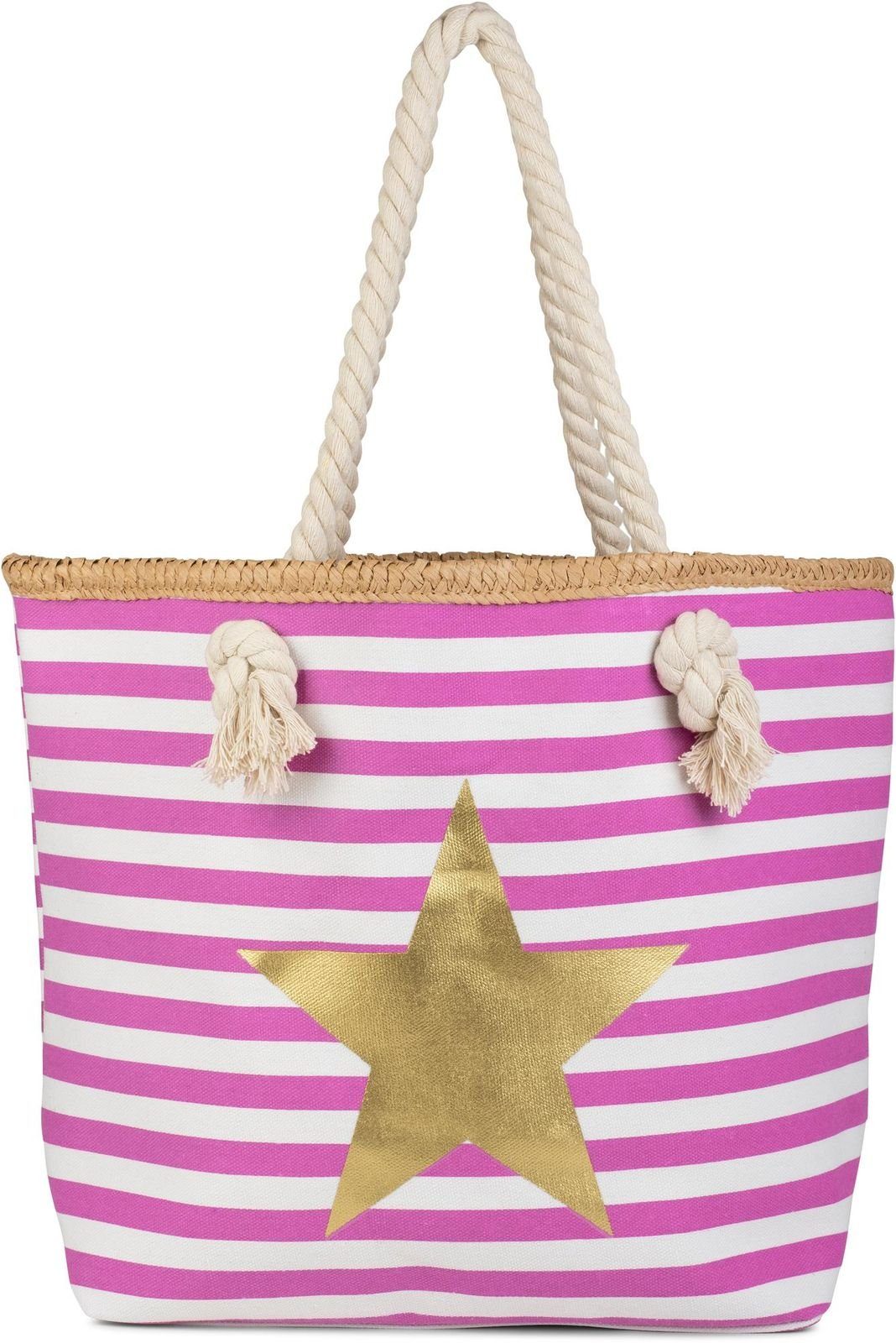 styleBREAKER Strandtasche (1-tlg), Strandtasche mit breiten Streifen und Stern Pink-Weiß / Gold