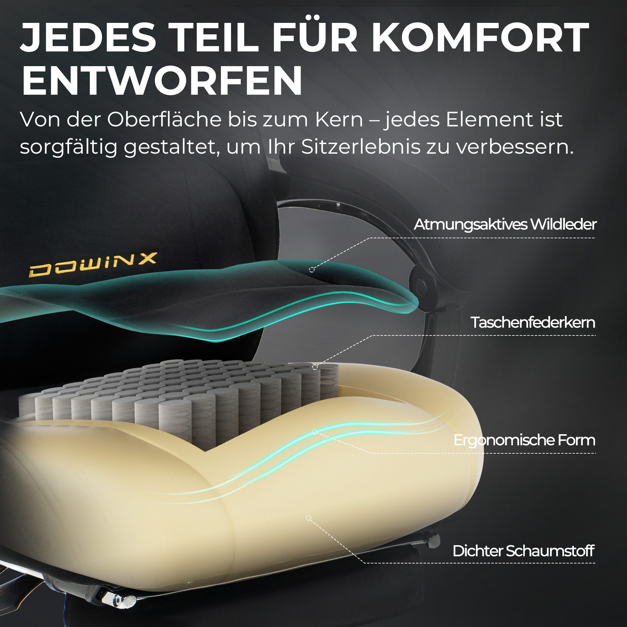 Dowinx Gaming-Stuhl Atmungsaktiver und Ergonomischer Bürostuhl aus Mikrofaser-Velours (Packung), Weiches Sitzgefühl, Verstellbarer Schreibtischstuhl mit Fußstüt – Bild 5 von 5
