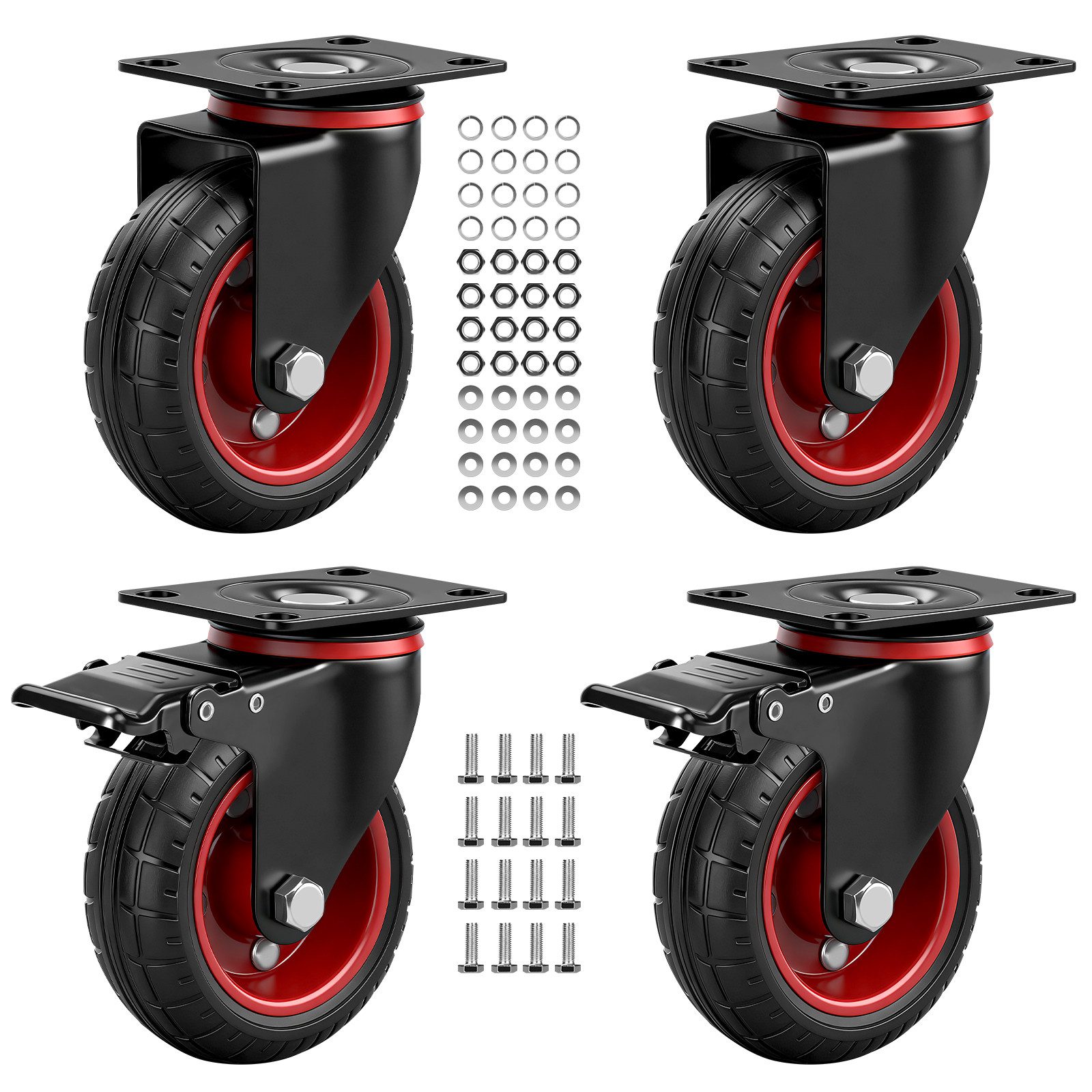 XERSEK Möbelrolle 4er/100mm Vollgummi-Schwerlastrollen, Lenkrollen Tragkraft bis 600kg, (Möbelrollen [2 mit Bremse + 2 Lenkrollen] WerkstattRollen 360° Drehbar), Universal für Innen Außen geräuscharm langlebig inkl. Montageschrauben