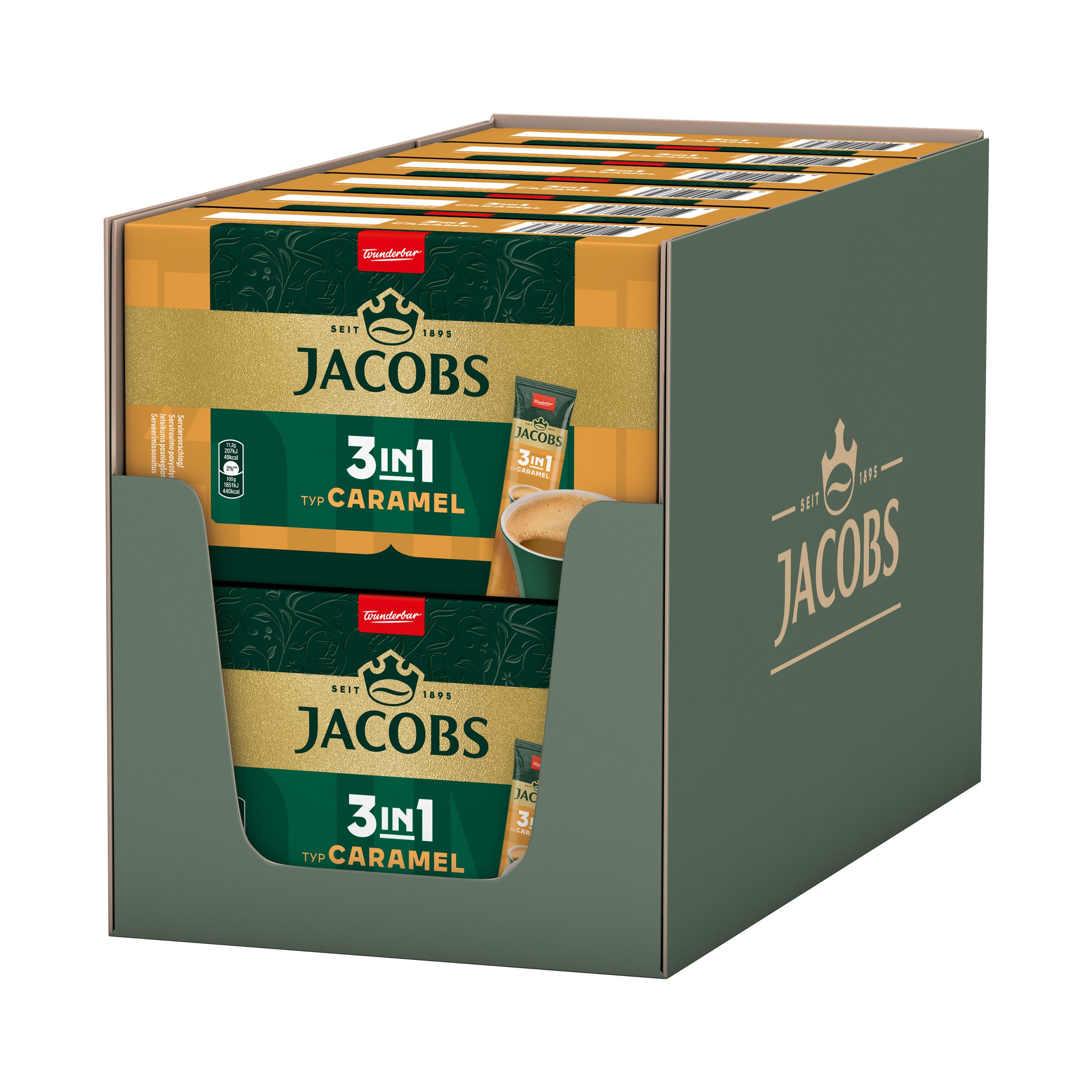 JACOBS Kaffee Löskaffee 3in1 Typ Caramel Instantkaffee 12 x 10 = 120 Getränke, (Packung, 12er Pack)