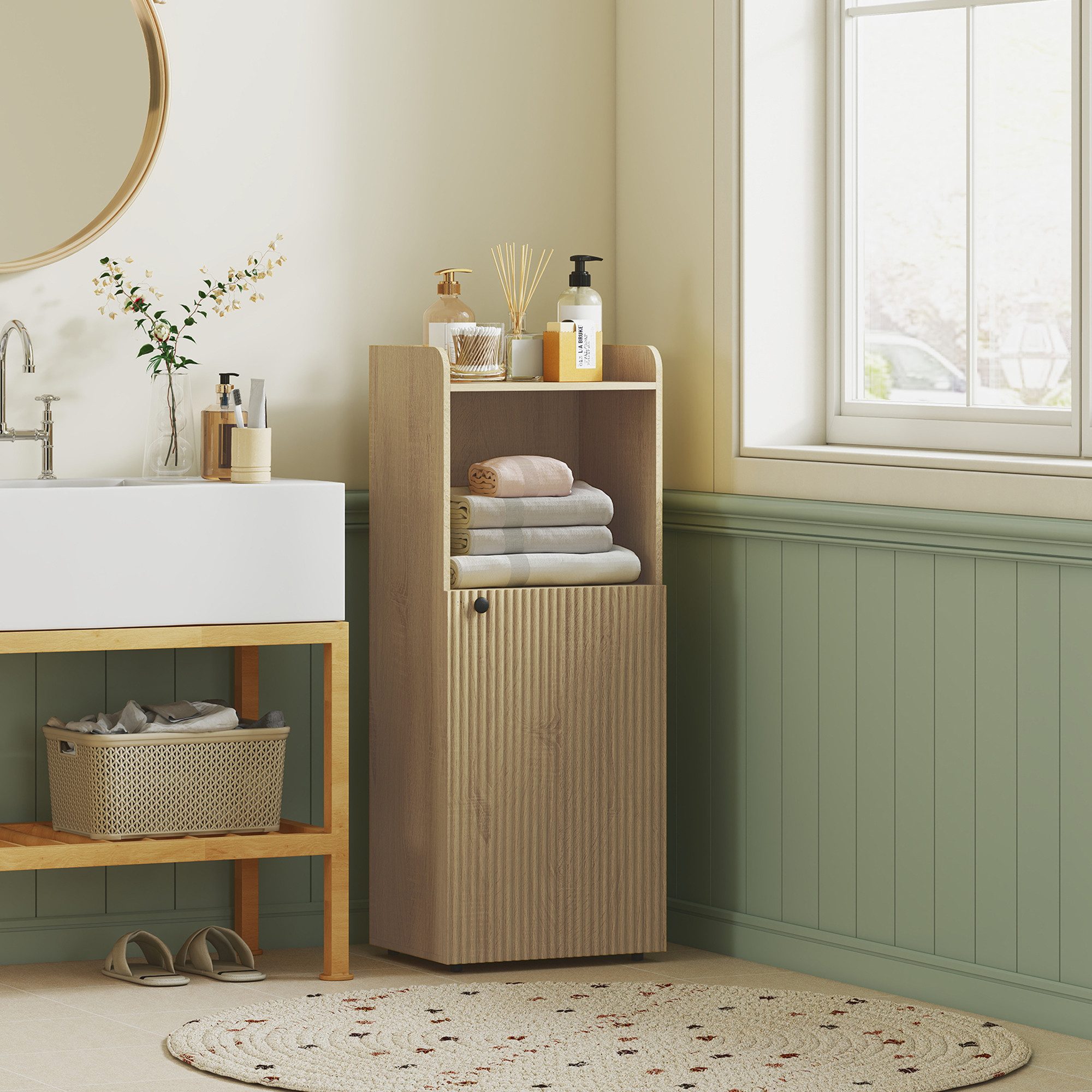 HOMCOM Badkommode Badezimmerschrank Nischenschrank mit Schrank, offen Regal (Badschrank, 1 St., Aufbewahrungsschrank), für Badezimmer, Wohnzimmer, Eiche