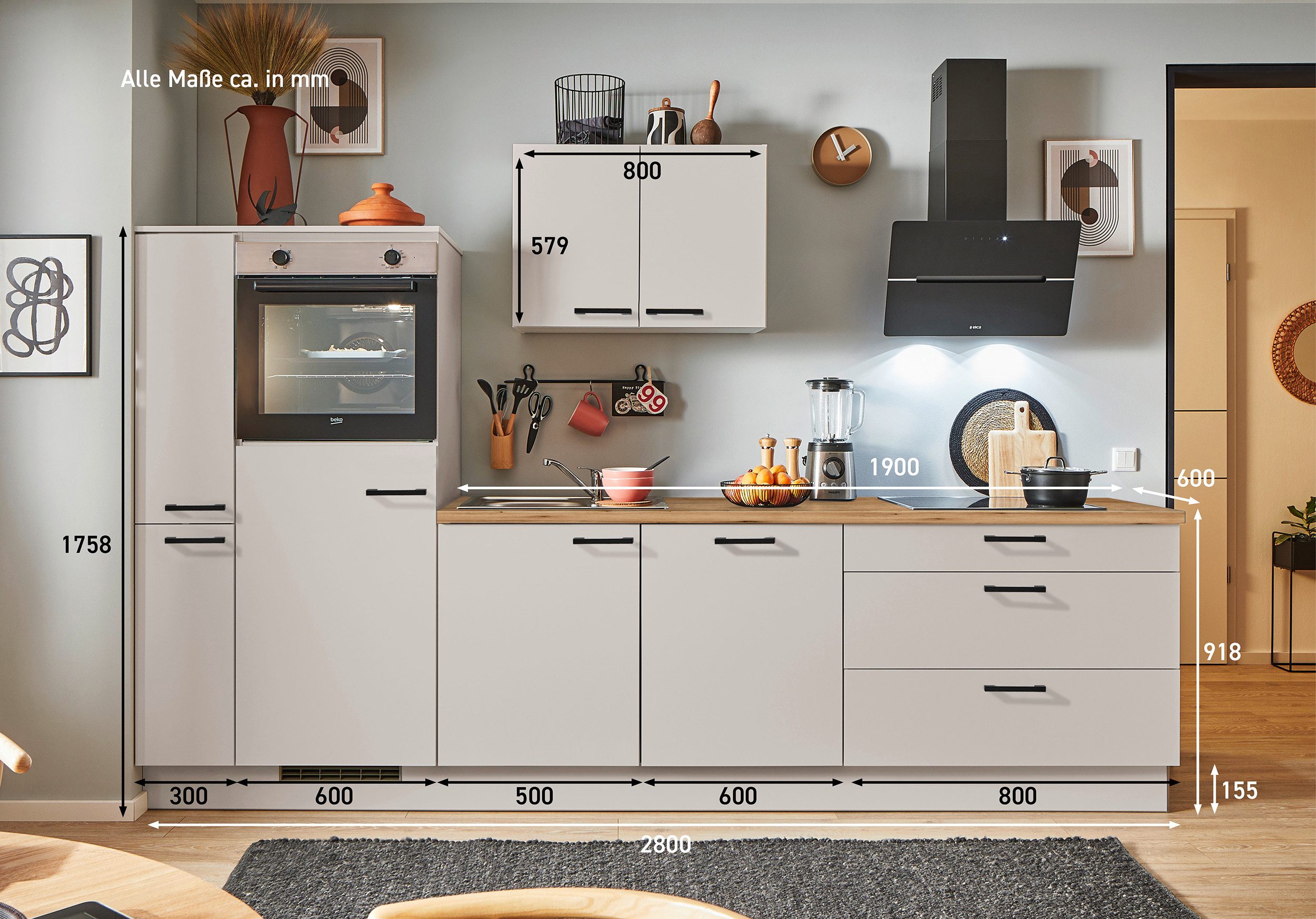 pino Küchenzeile Stockholm, individuell anpassbar, gratis Küchenplanung mit Profis, (Breite 280cm), vormontiert, wahlw. mit E-Geräten, Preis inkl. Lieferung