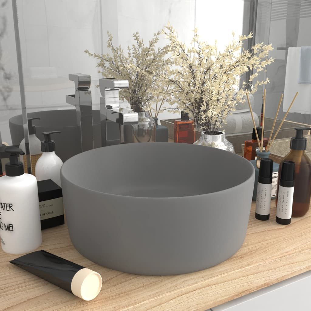 vidaXL Waschbecken NA Waschbecken Badezimmer Aufsatzwaschbecken Rund Matt Hellgrau 40x15