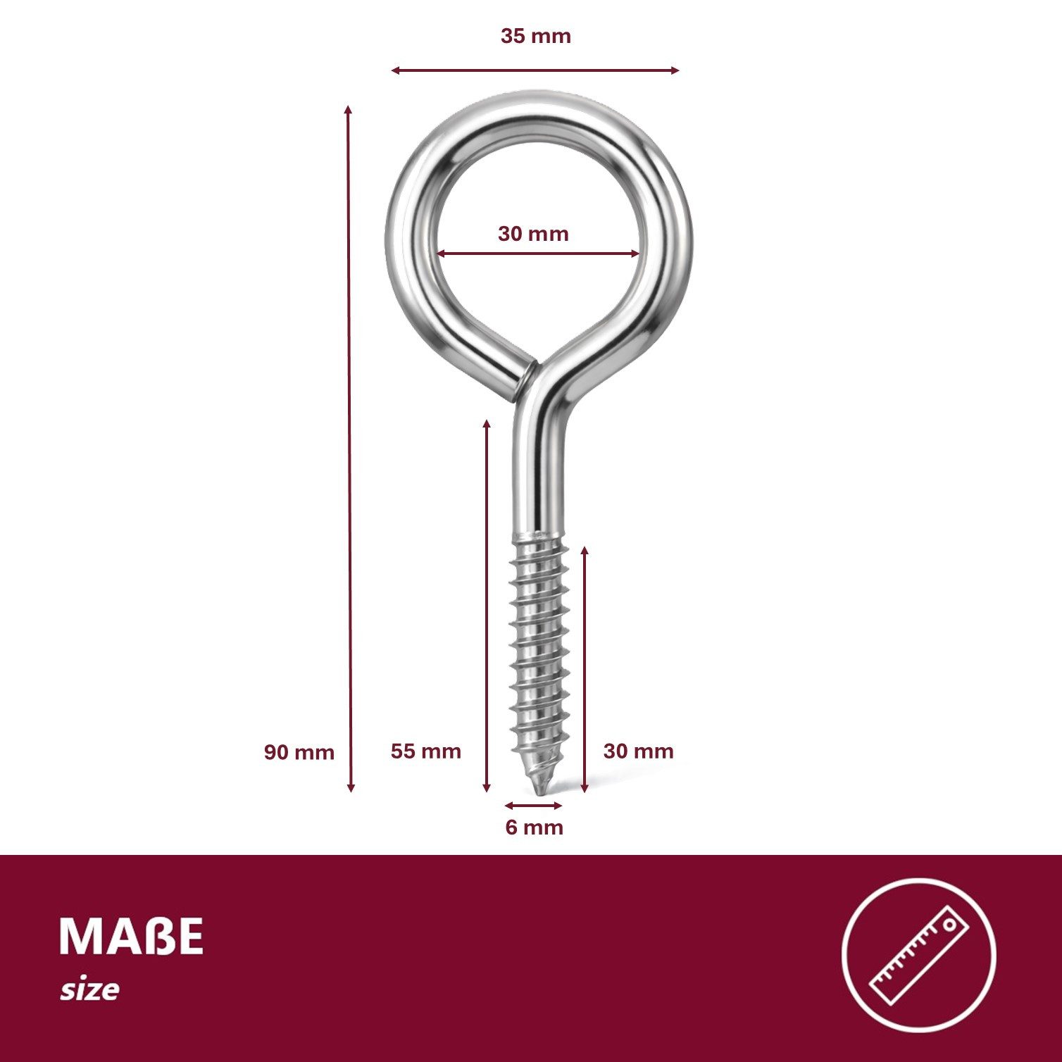 HOOZ Ringschrauben Ösenschrauben Set verzinkt Holz Wand- & Deckenhaken Ø6x90 mm - 10 Stk., (Augenösenschraube, 10 St., Einschraubhaken Ring), Belastbare Schraubhaken Ring aus robustem Stahl mit Holzgewinde