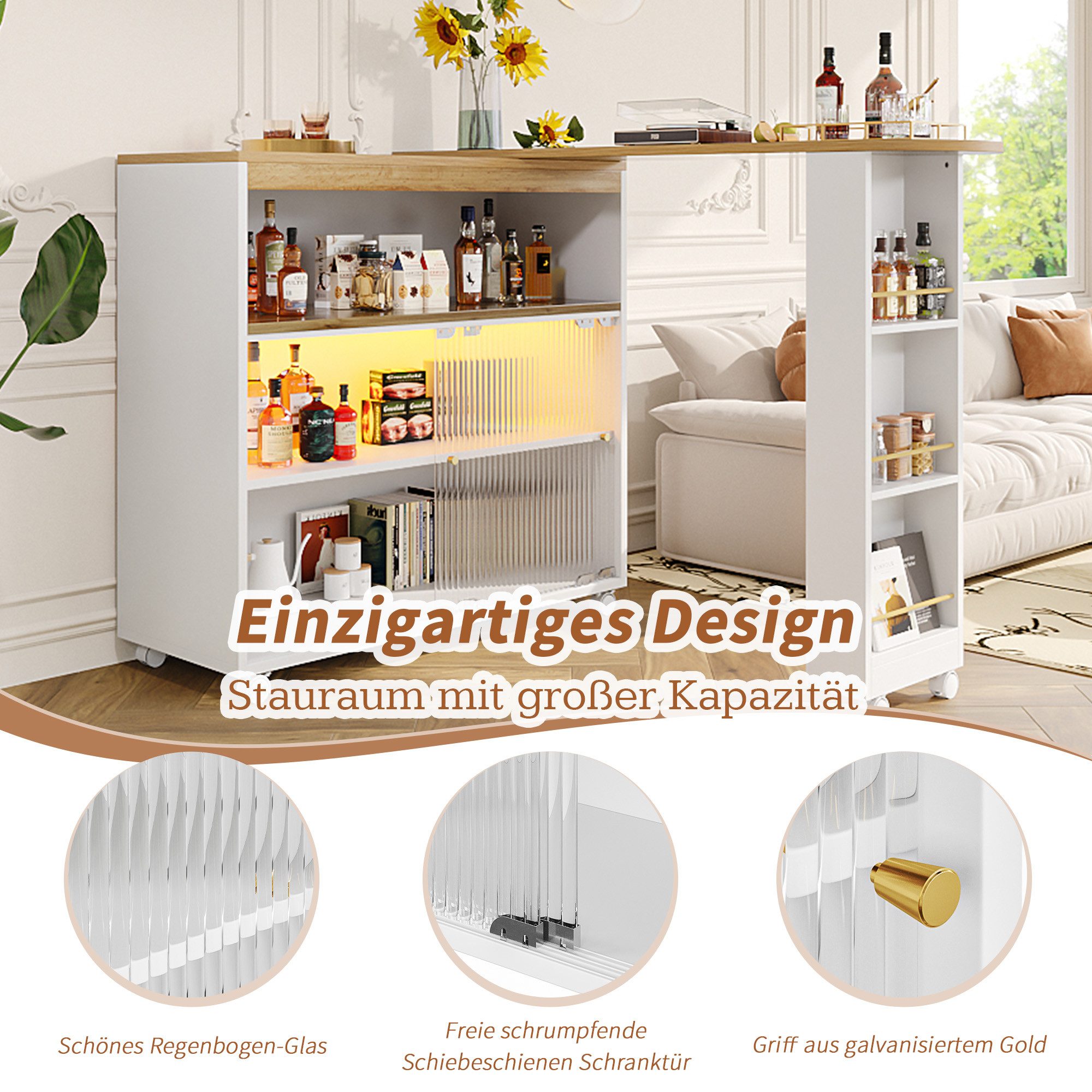 Kebnor Ausziehbarer Bartisch Mit LED - Höhenverstellbar 120-180cm Mit Stauraum