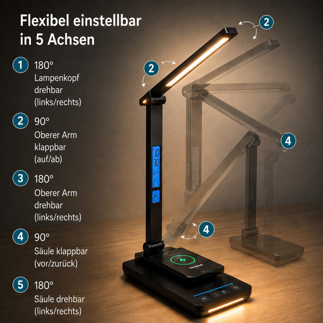 Toomoke LED Schreibtischlampe Tischleuchte, Bürolampe, Leselampe, LED fest integriert, Warmweiß, 480 lm, 10 W Qi, 5 Lichtfarben, 5 Stufen, 45-Min.-Timer – Bild 5 von 5