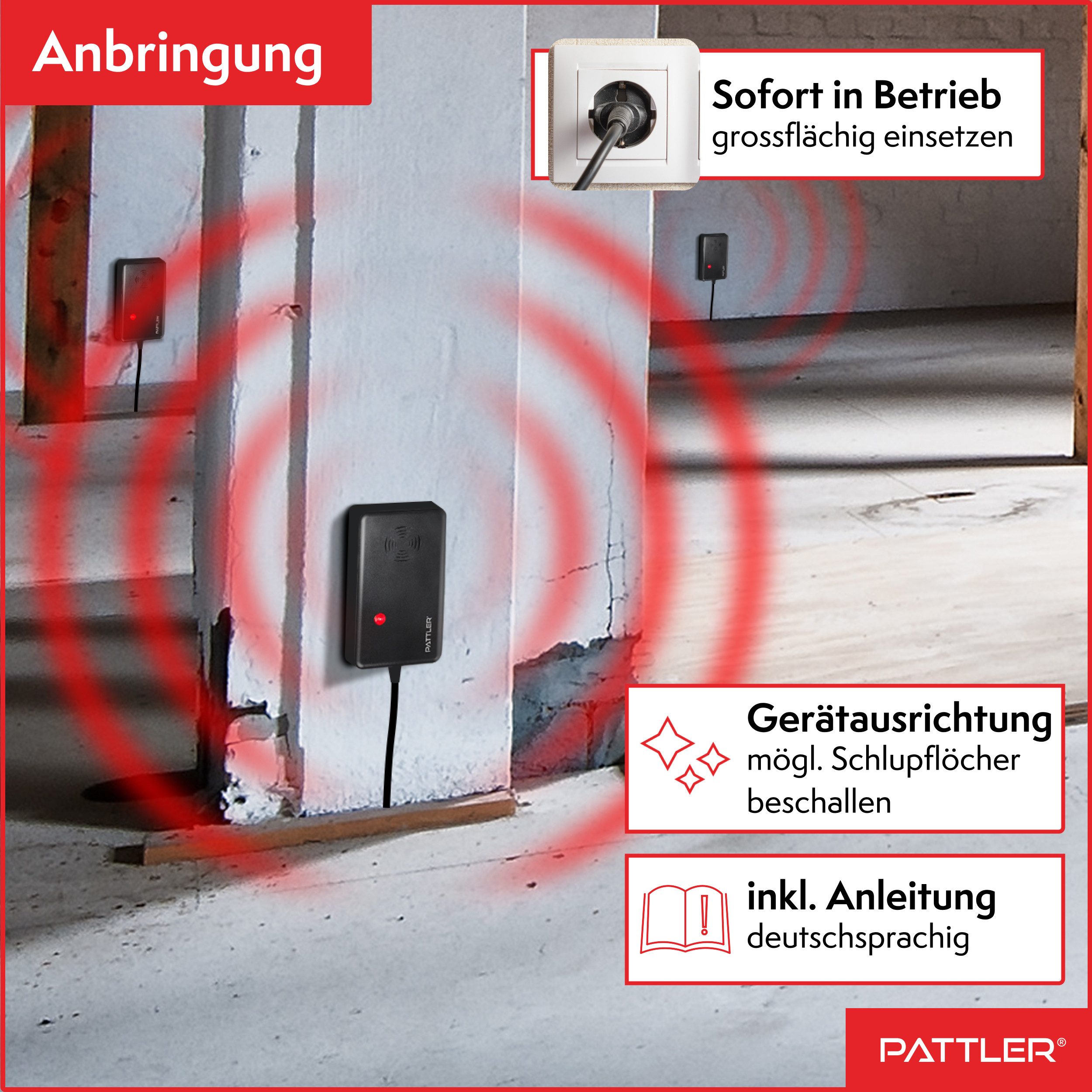 Pattler Ultraschall-Tierabwehr Marderschreck mit Hochfrequenztönen, 1 Gerät für ca. 60 m² – Bild 4 von 5