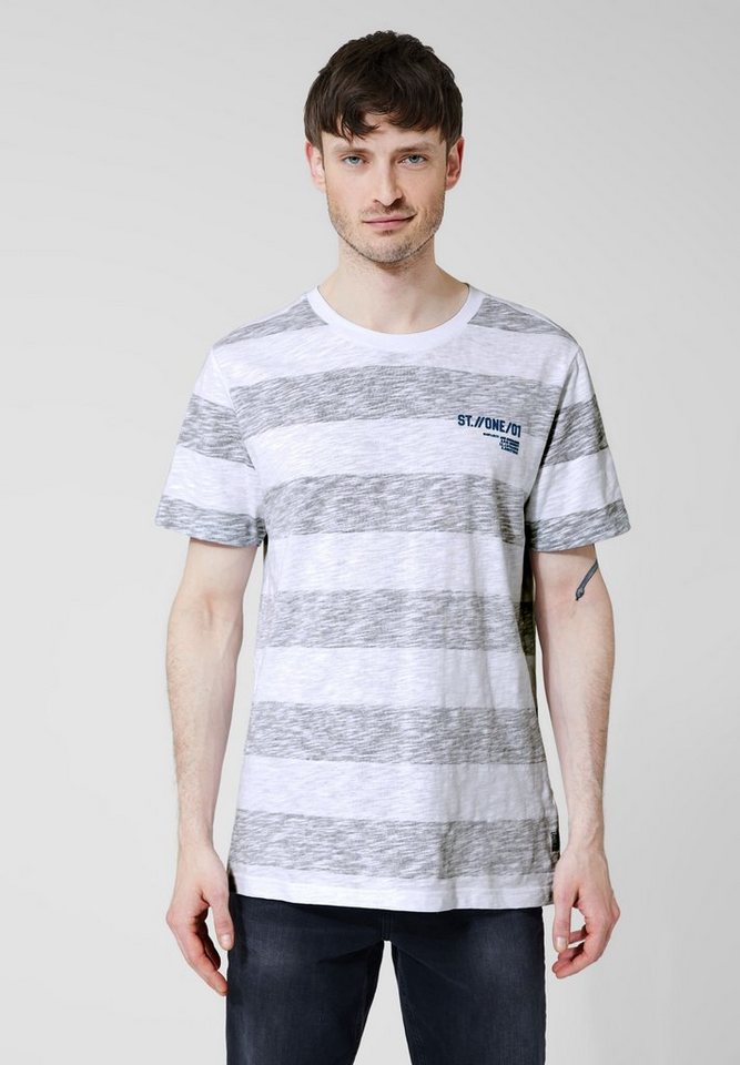 STREET ONE MEN T-Shirt mit Streifenmuster, Label Print auf der Brust
