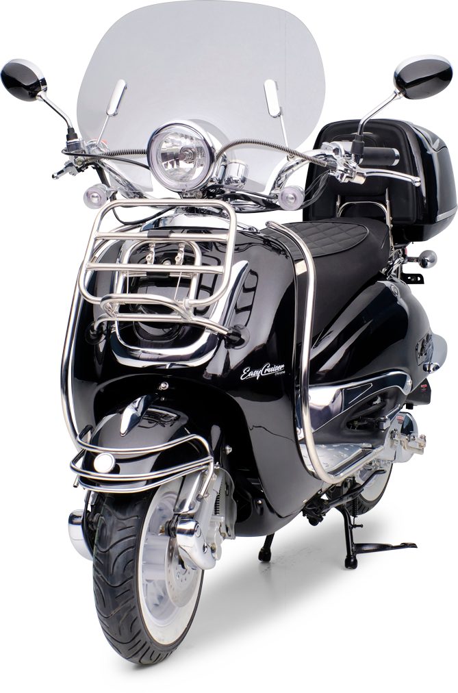Burnout Motorroller Retro Roller EasyCruiser 50ccm 25km/h Euro 5, Chrom Paket, 50 ccm, 25 km/h, Euro 5, (Chrom Edition, Vollaustattung), Chrom Paket Schwarz