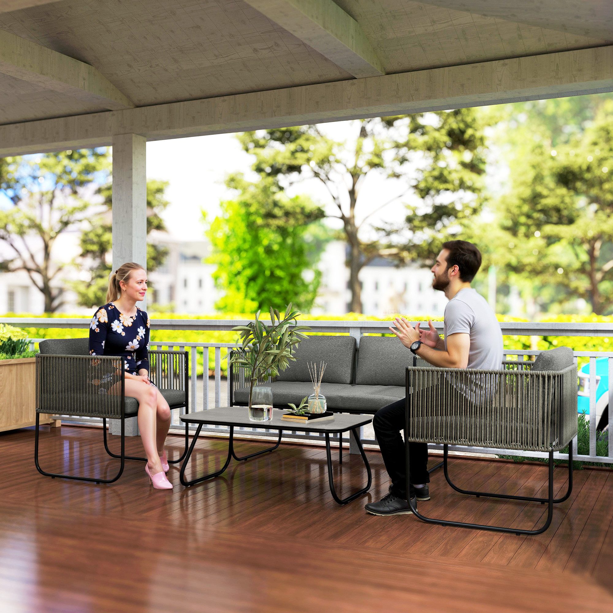 Outsunny Sitzgruppe mit 2er Sofa, Sessel, Tisch, Kissen, (wetterfest Lounge-Set für 4 Personen, 4-tlg., Gartenmöbel Set aus Polyrattan), für Garten Balkon Braun+Dunkelgrau