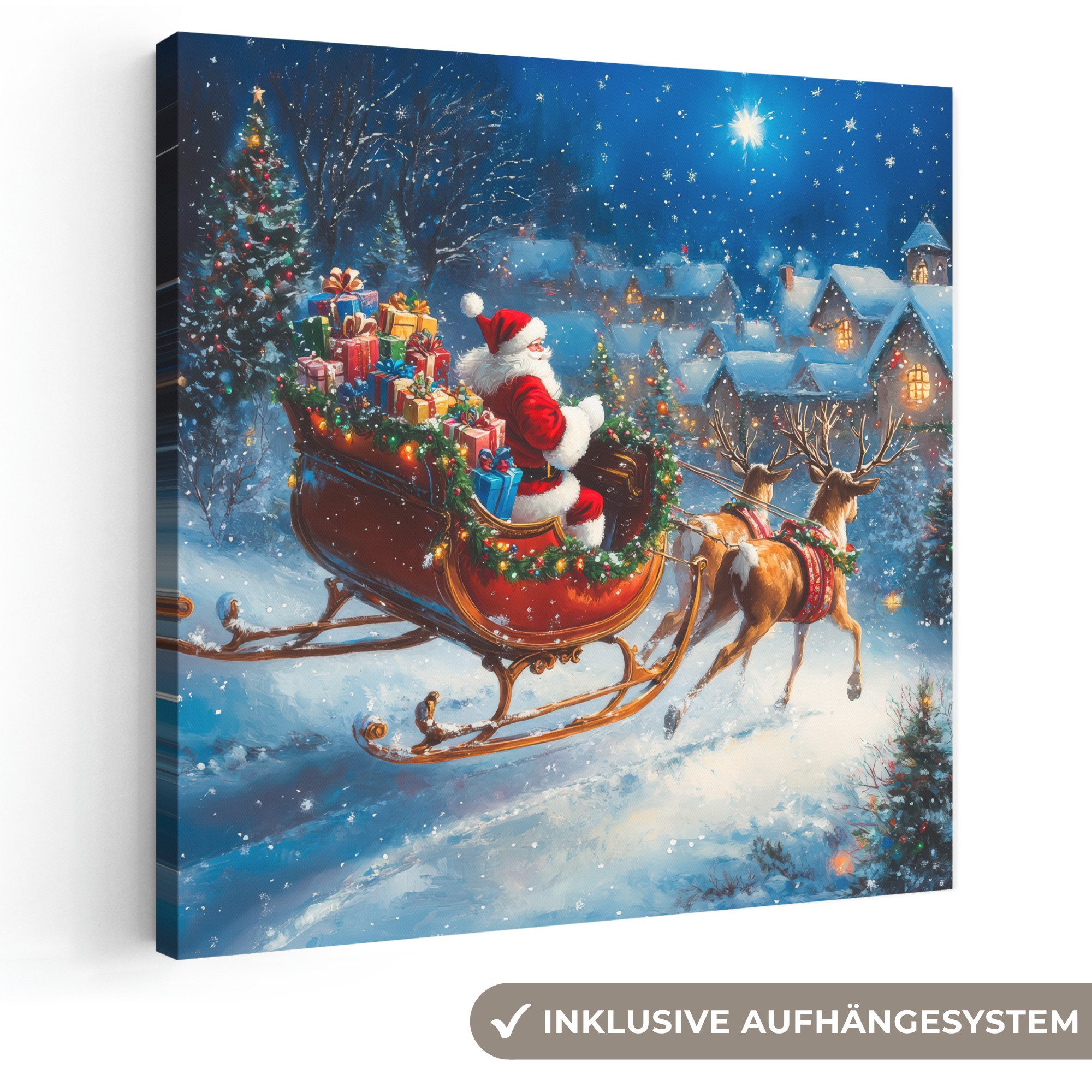 OneMillionCanvasses® Leinwandbild Weihnachtsmann - Rentier - Weihnachten - Schnee, Fotodruck (1 St), Wandbild, Deko Schlafzimmer Wohnzimmer Flur 20x20 cm