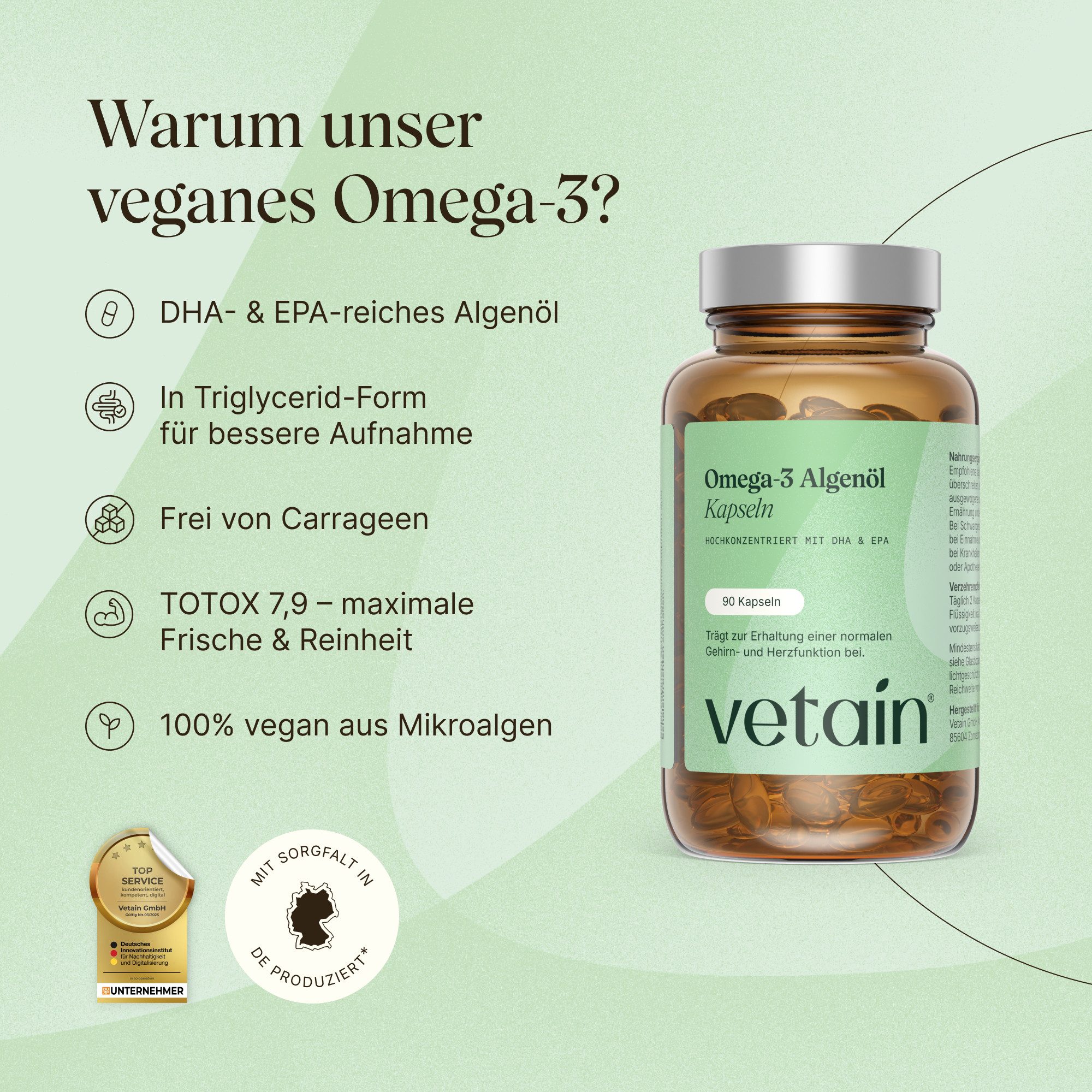 VETAIN Omega 3 Vegan mit EPA und DHA - 90 Kapseln - Aus Algenöl Kapseln, Niedriger TOTOX-Wert, in Triglycerid-Form für eine bessere Aufnahme