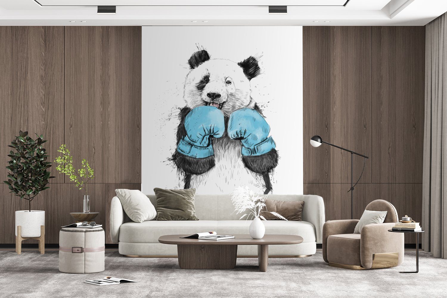 MuchoWow Tapete (4 bedruckt, Vinyl Montagefertig Blau, Matt, Wohnzimmer, - St), - Wandtapete Fototapete Panda Boxhandschuh für
