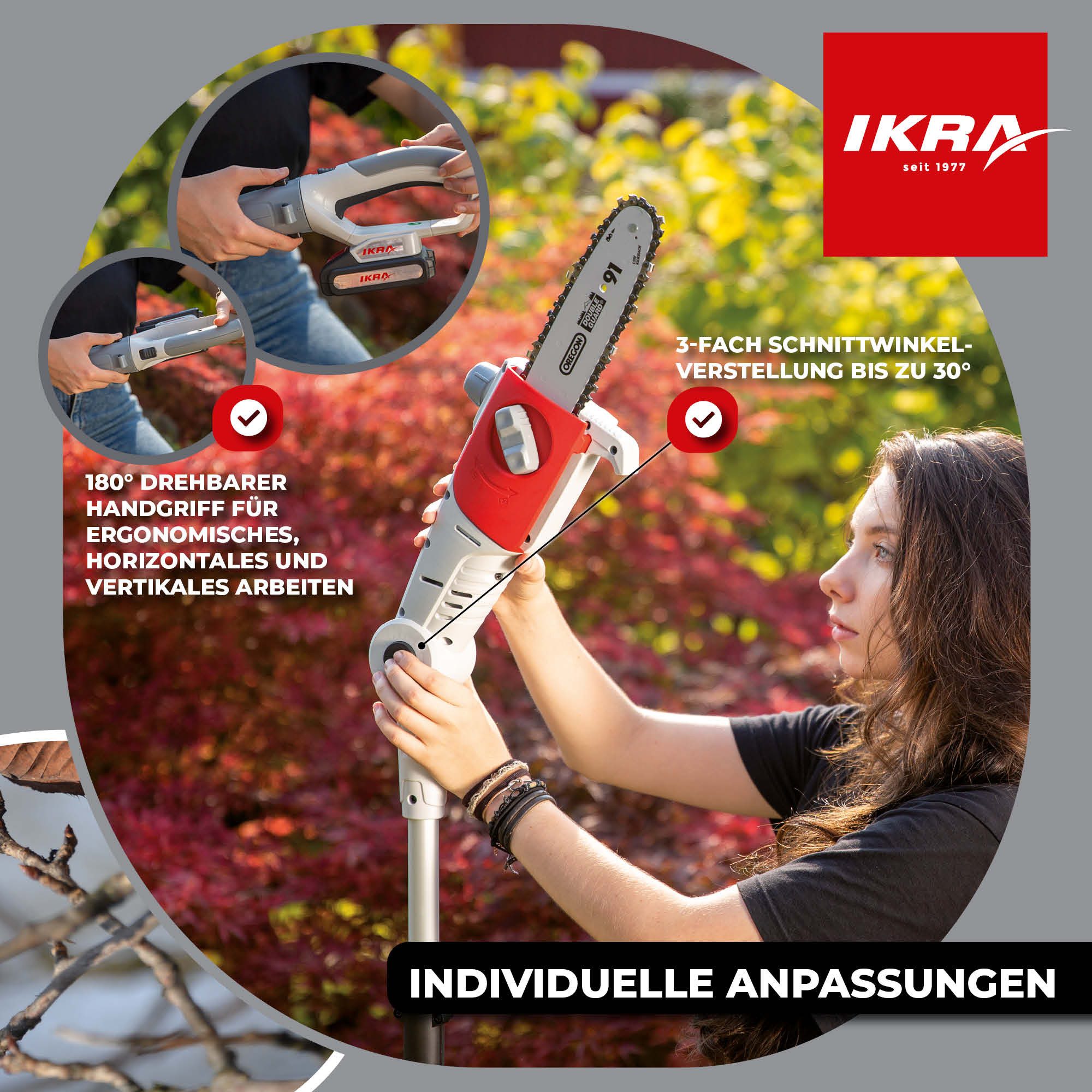 ikra GmbH Akku-Hochentaster ICPS 2020, bis 4 m Arbeitshöhe, (inkl. Akku & Ladegerät), 20 cm Sägelänge, bis 4m Arbeitshöhe, inkl. Ersatzkette – Bild 4 von 5