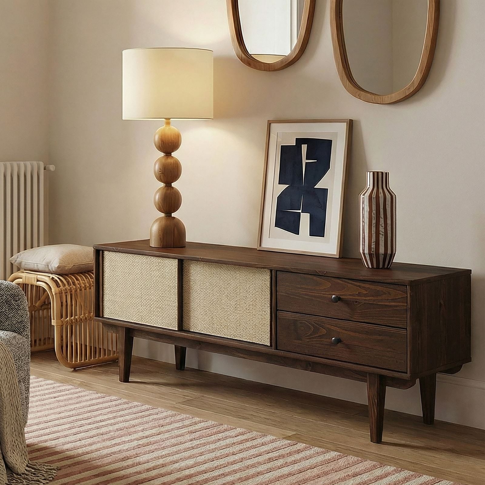 IDIMEX Lowboard SIMONA, TV Board 175 cm mit Rattan Geflecht aus Massivholz Nussbaum Finish