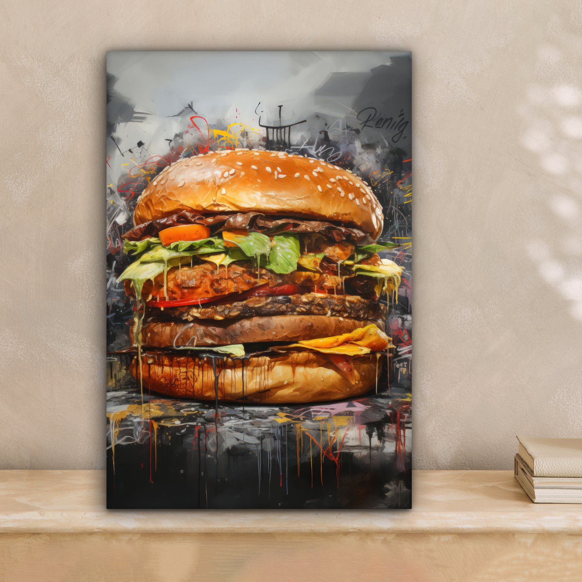 OneMillionCanvasses® Leinwandbild Burger - Essen - Kunst - Grau - Graffiti, günstig online kaufen