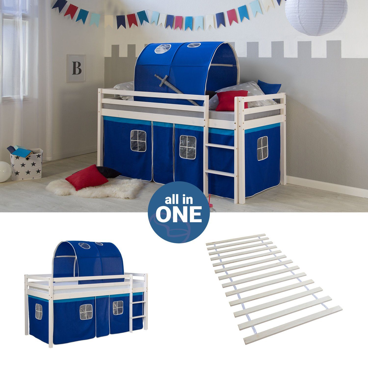 Homestyle4u Hochbett 90x200 mit Vorhang Lattenrost Matratze Tunnel in Weiß günstig online kaufen