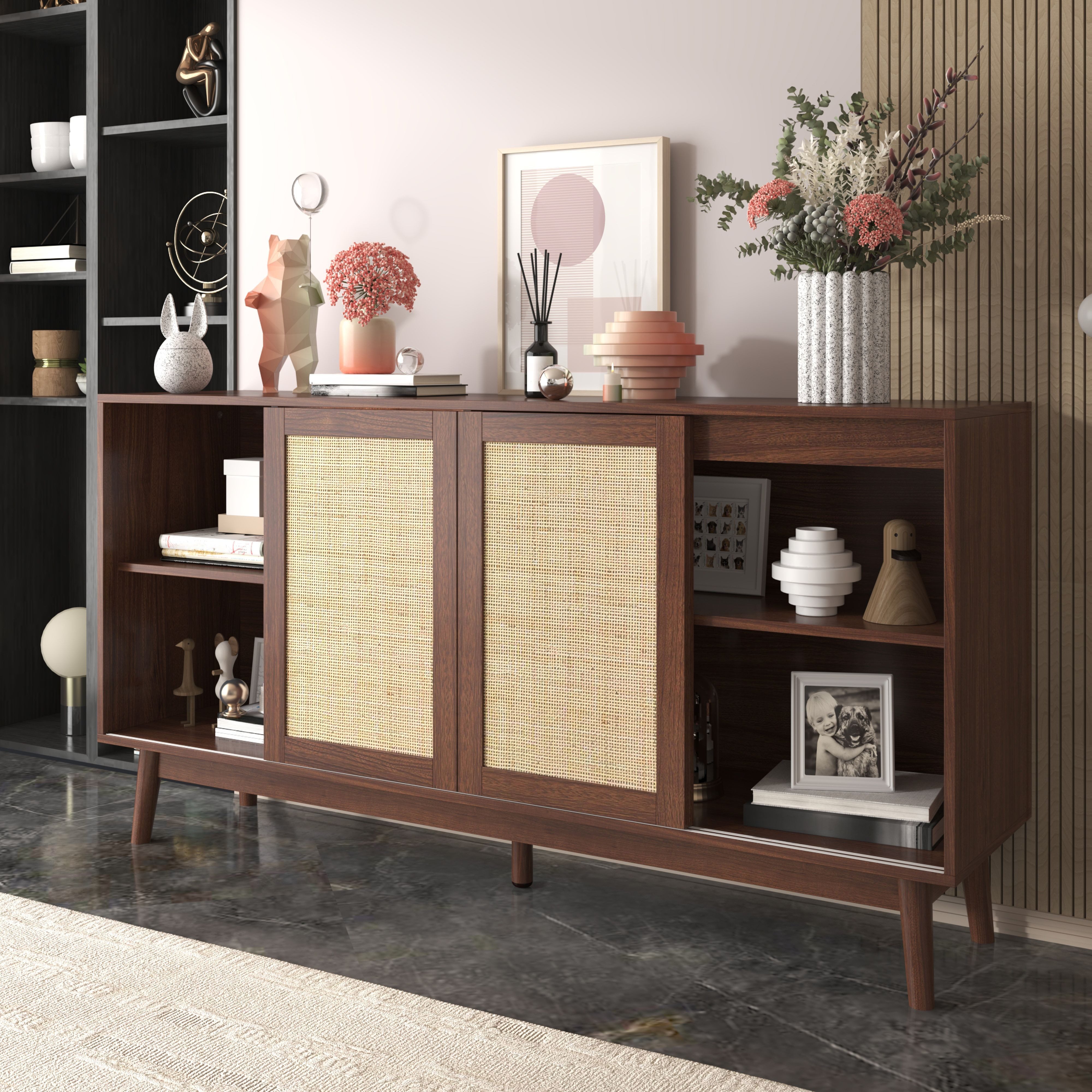 BlingBin Sideboard Kommode (1 St., mit 3 Schiebetüren aus echtem Rattan und 2 Schubladen), 155x38x80 cm, atmungsaktiv, stabil und vielseitig