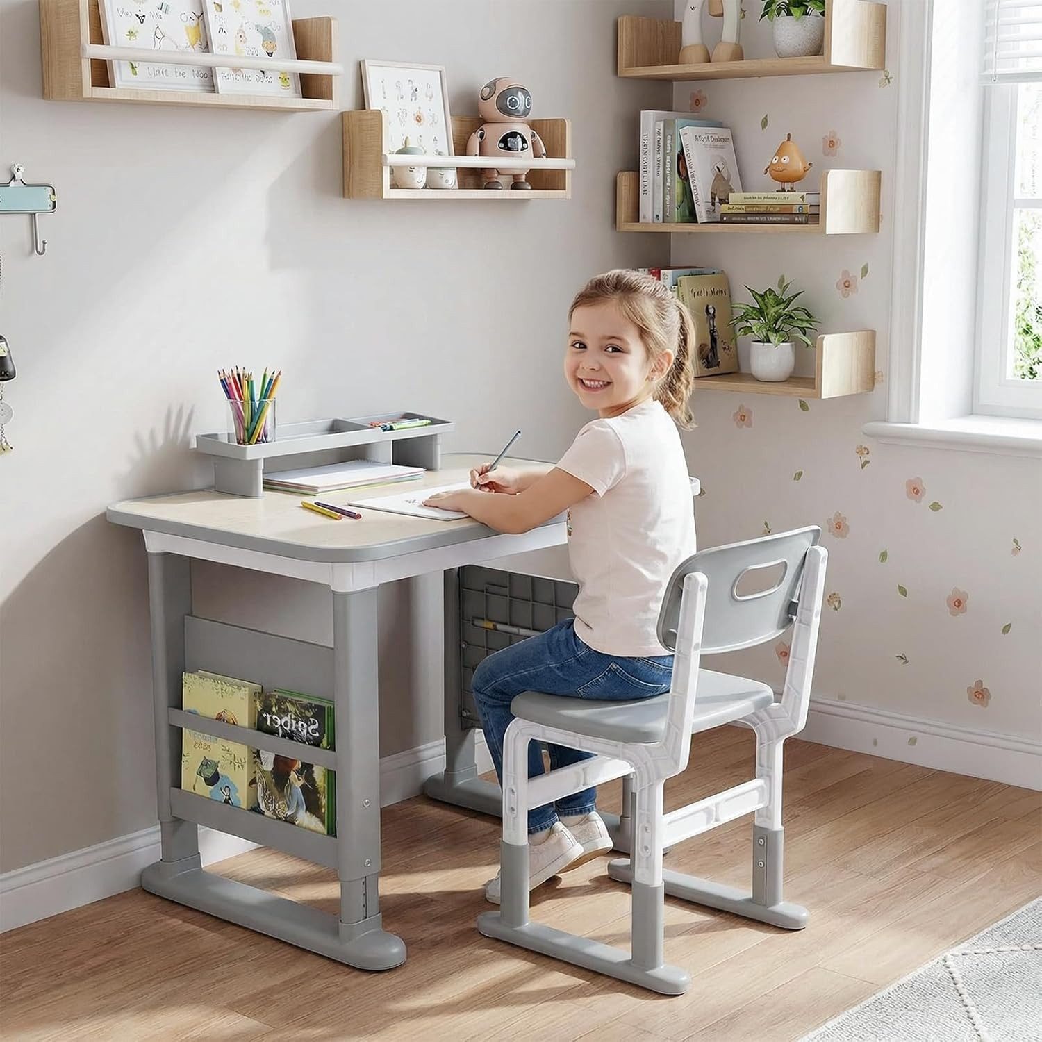 TLGREEN Kinderschreibtisch mit Stuhl Set Höhenverstellbarer (Kinderaußenhocker innen/außen nutzbar, Graffiti-Tisch 3-12 Jahre, mit Seiten-Bücherregal & Ablagekasten), Stabiler Kinderlernplatz für Kinderzimmer/Garten/Arbeitszimmer