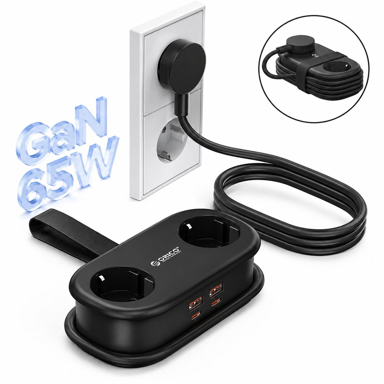 ORICO Steckdose AP3 20W Reisesteckdosenleiste mit USB-C PD, 1,5 m Kabel – kompakt für Reise & Home Office, 1-St., 2 Steckdosen & 4USB-Anschlüssen, kompakter Mehrfachstecker für MacBook iPad iPhone Laptop