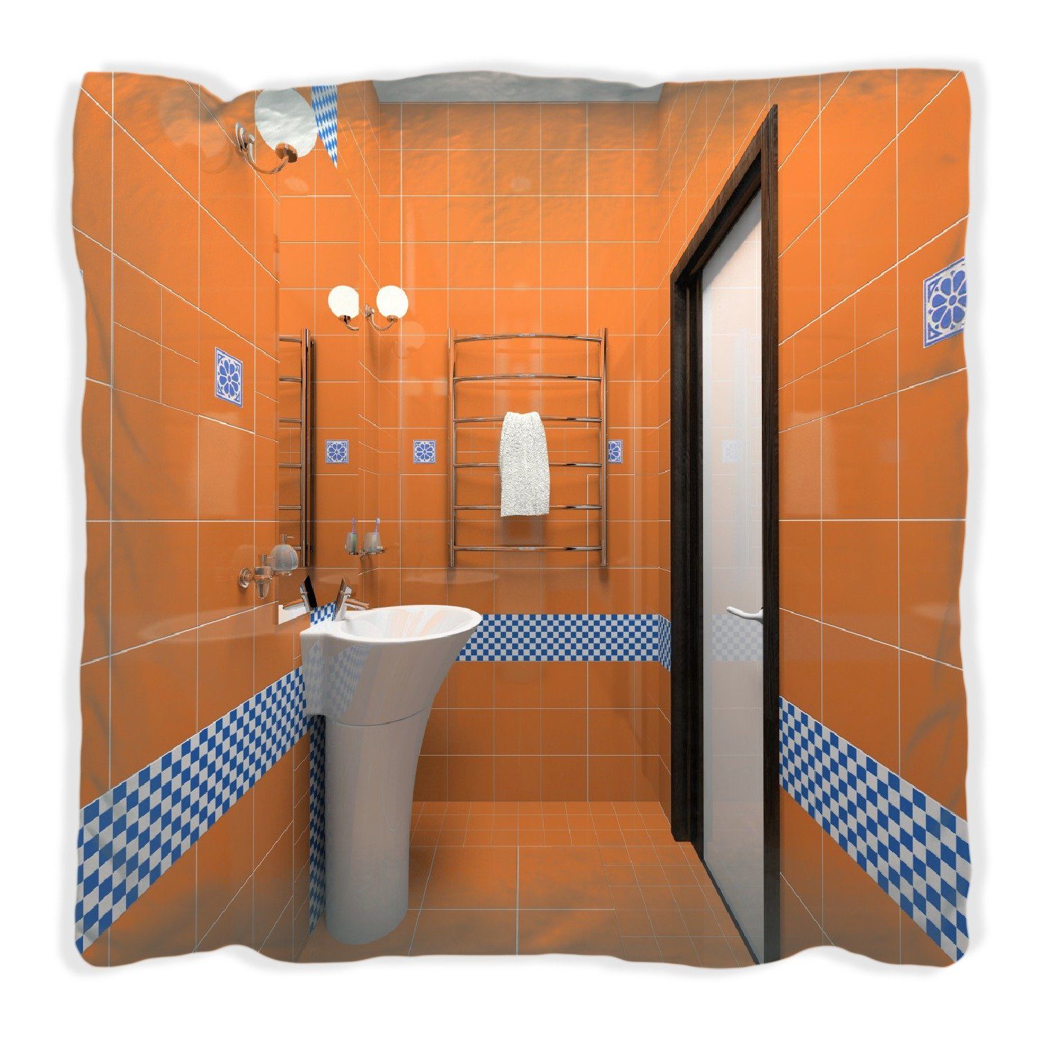 Wallario Dekokissen Modernes Badezimmer in orange mit blauen Fliesen, handgenäht