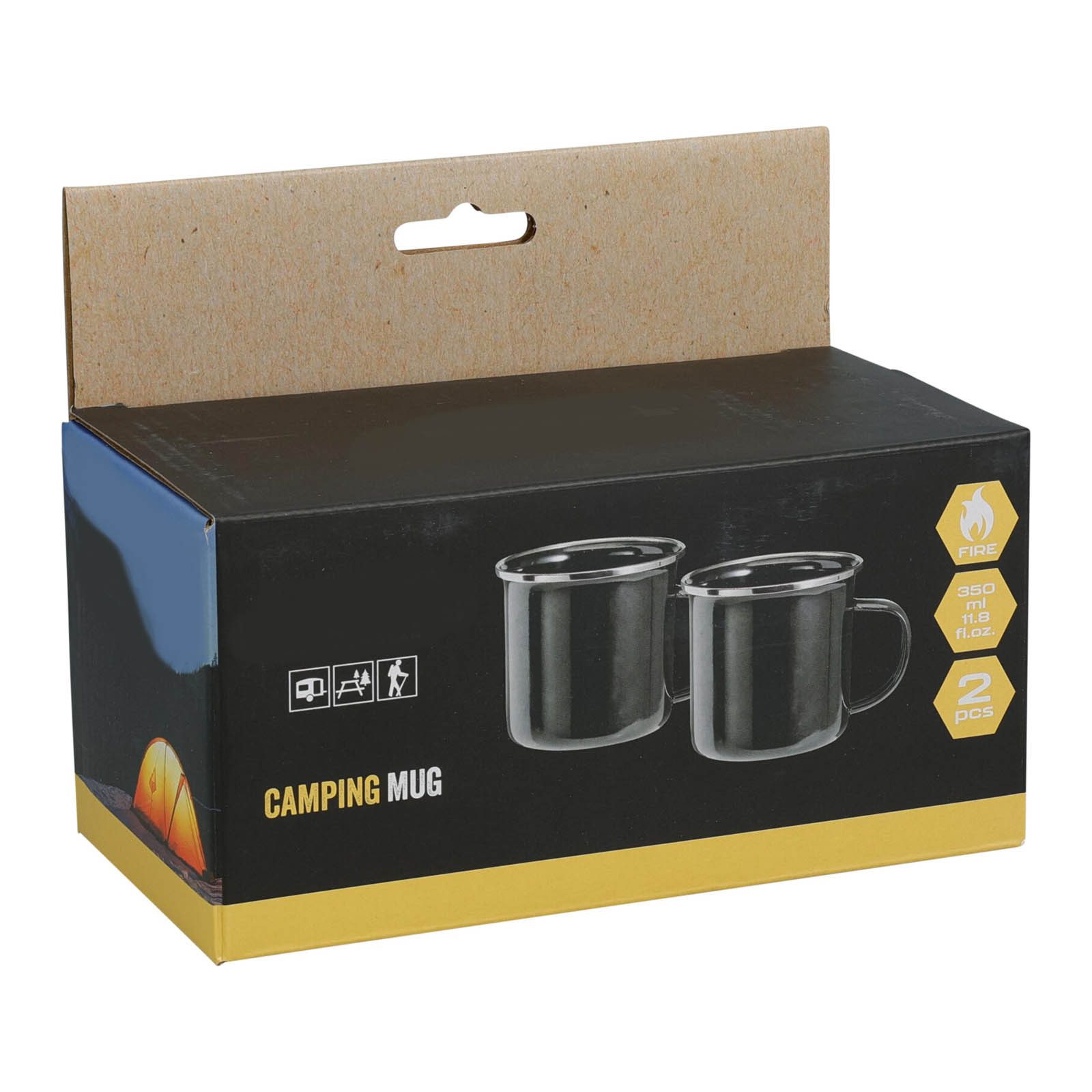 HAC24 Tasse Emaille Becher Camping Kaffee Tee Kaffeebecher Kaffeetasse, 2-tlg., Eisen, 350 ml Schwarz mit Griff