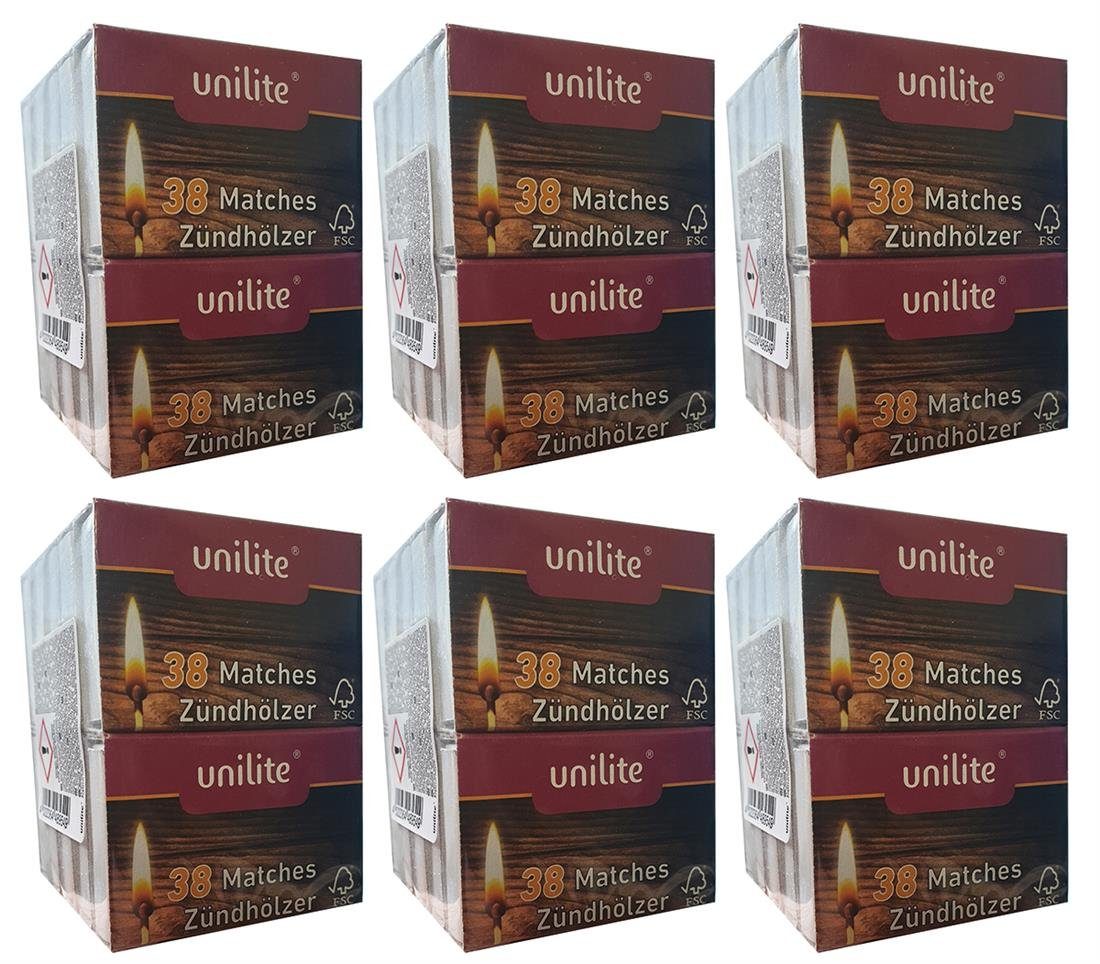 Unilite Feuerzeuge Unilite® Streichhölzer 380 Holz Zündhölzer 10 Schachteln (6 Pack) (Stück, 380-St., Streichhölzer), Schachtel mit zwei Reibeflächen. Streichhölzer, Zündhölzer
