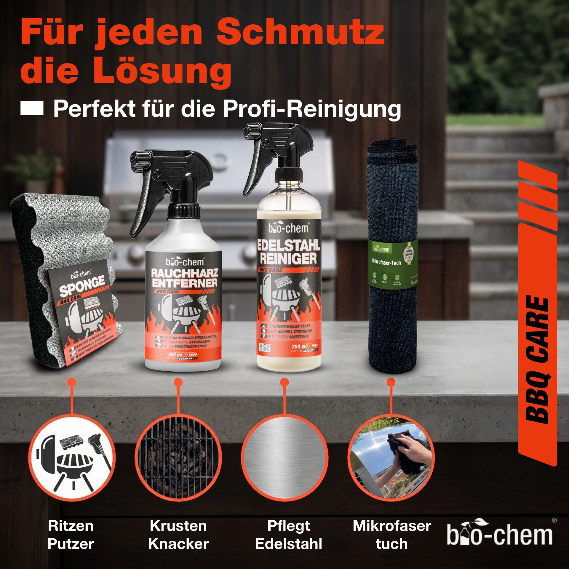 bio-chem Grillreiniger Set 4-teilig – Profi-Reinigung & Edelstahlreiniger Grillreiniger (Sparpaket, [- Rauchharz-Entferner, Edelstahl-Reiniger, Schwamm, Tuch 4-teiliges Set mit Reinigern & Zubehör)
