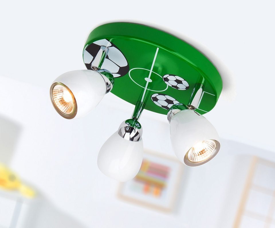 Brilliant LED Deckenstrahler SOCCER, LED wechselbar, Warmweiß, Spotrondell weiß/grün-schwarz-weiß, 3 x GU10 max. 3W, 11cm Höhe