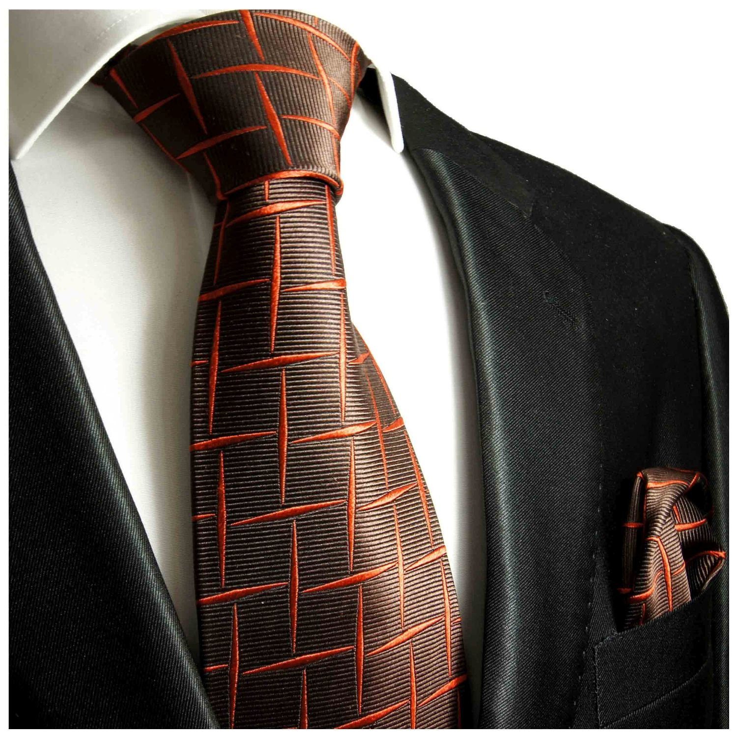 Paul Malone Krawatte Designer Herren 412 mit rotbraun kariert Seidenkrawatte 100% orange Einstecktuch) (8cm), Tuch 2-St., Breit (Set, mit Seide Krawatte modern