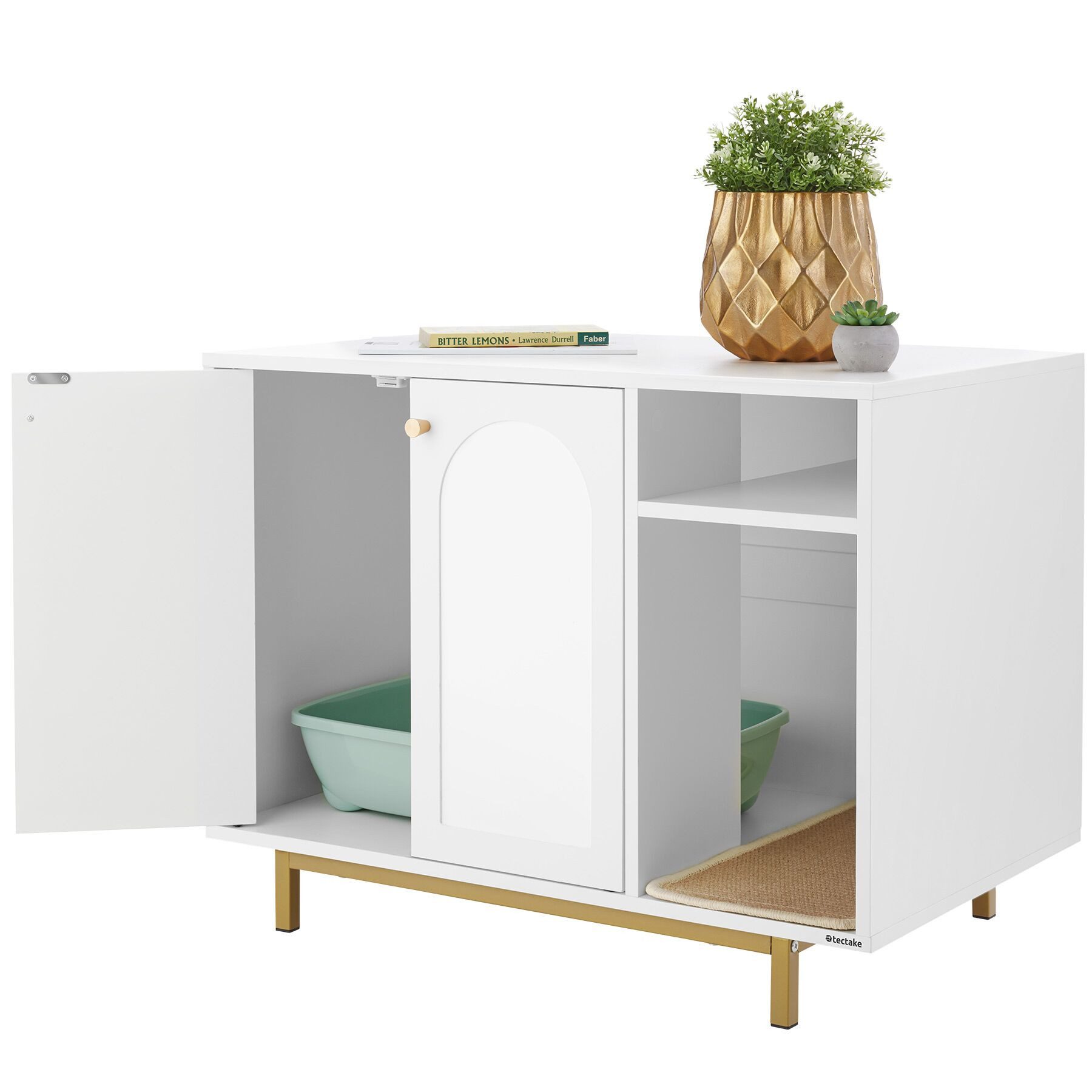 tectake Katzentoilette Katzenklo-Schrank, Kratzmatte, 80 x 52 x 61,5 cm, seitlicher Eingang, 2 große Flügeltüren mit Magnetverschluss, hohe Beine, kleines Staufach