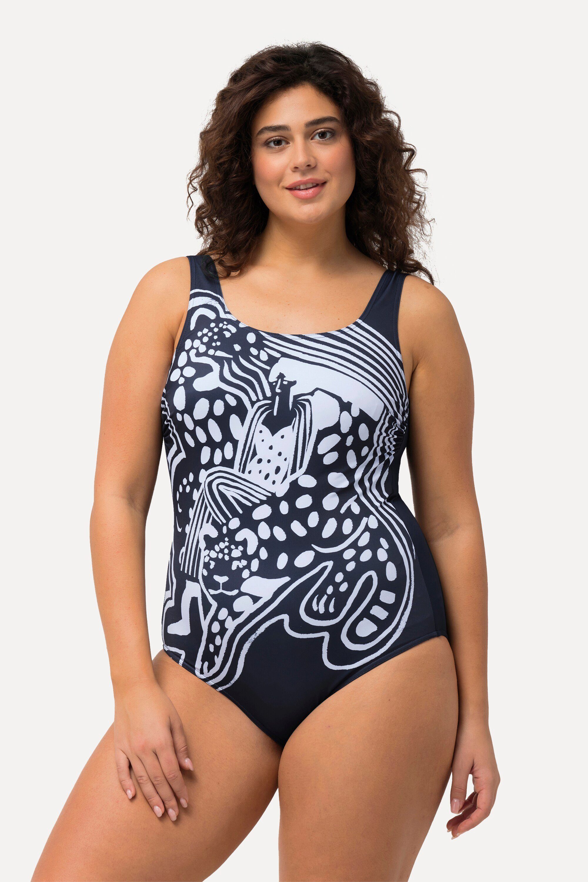 Badeanzug Badeanzug Leopard ohne Softcups Rundhals Raffung