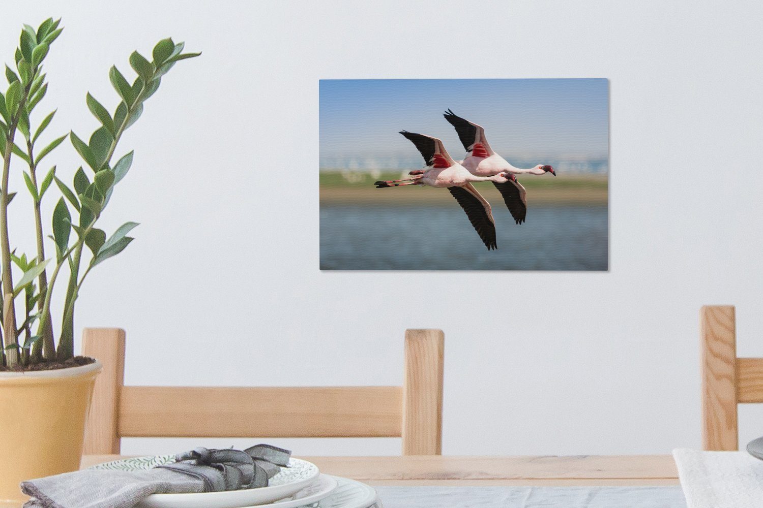 Aufhängefertig, Flamingos cm Leinwandbild Wandbild im Leinwandbilder, 30x20 fliegen Gleichtakt, Zwei St), Wanddeko, OneMillionCanvasses® (1